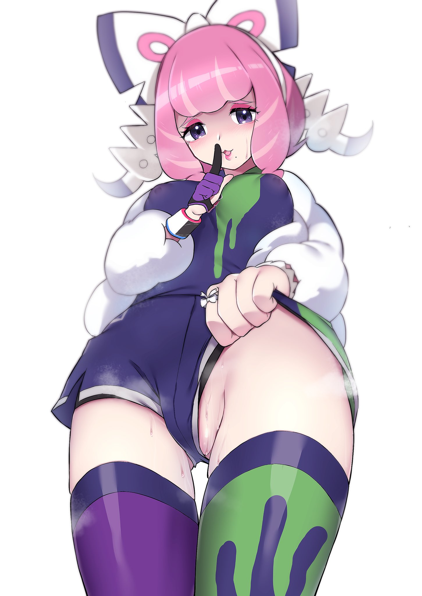 1girls, alternate breast size, bracelet, breasts, buta tamako, clothed, eye contact, female, finger over mouth, flashing, gloves, half-closed eyes, heavy breathing, human, human only, jacket, klara (pokemon), looking at viewer, looking down, nintendo, pokemon, pokemon ss, pokemon ss isle of armor, pussy, pussy lips, revealing, ring, shirt, shorts, shorts aside, smell, sweat, thick thighs, thigh gap, thighhighs, visible nipples, wet, wide hips