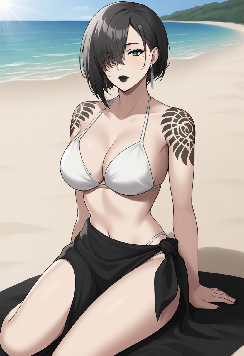 ai_generated akeha beach bikini bikini_top black_hair black_lipstick black_skirt bra breasts female female_only hair_over_one_eye large_breasts lipstick mature_female nier_(series) nier_reincarnation pale-skinned_female shoulder_tattoo sitting tattoo tied_hair