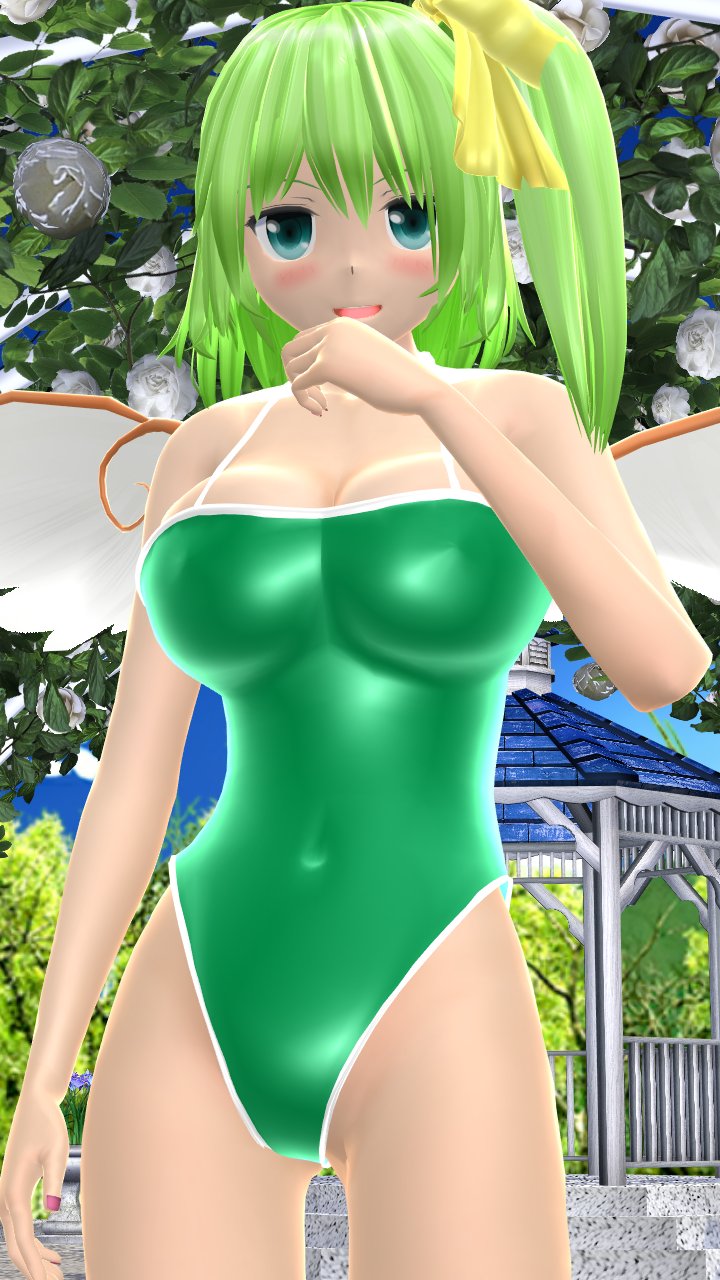 1girls 2023 3d adult_female belly_button blue_eyes_female blue_sky blush breasts cleavage daiyousei fairy fairy_wings garden green_hair_female green_swimsuit hati_yukkuri_mmd light-skinned_female light_green_hair looking_at_viewer mmd one_arm_up outdoors sky solo_female solo_focus swimsuit tied_hair touhou trees wings yellow_ribbon