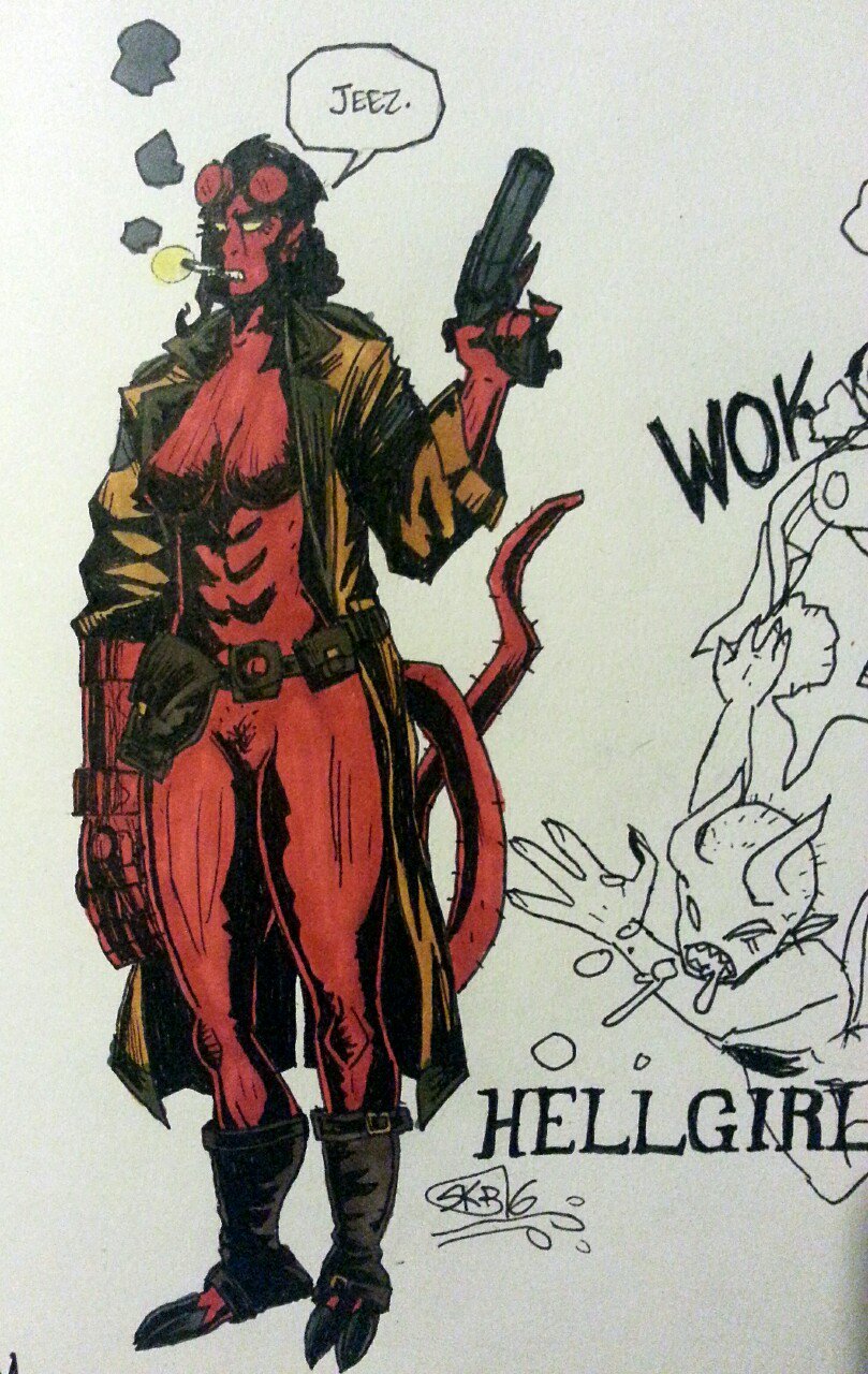 1girls broken_horn dark_horse demon demon_girl demon_horns female gun hellboy hellboy_(series) hellfucker666 hellgirl pubic_hair red_skin rule_63 tail