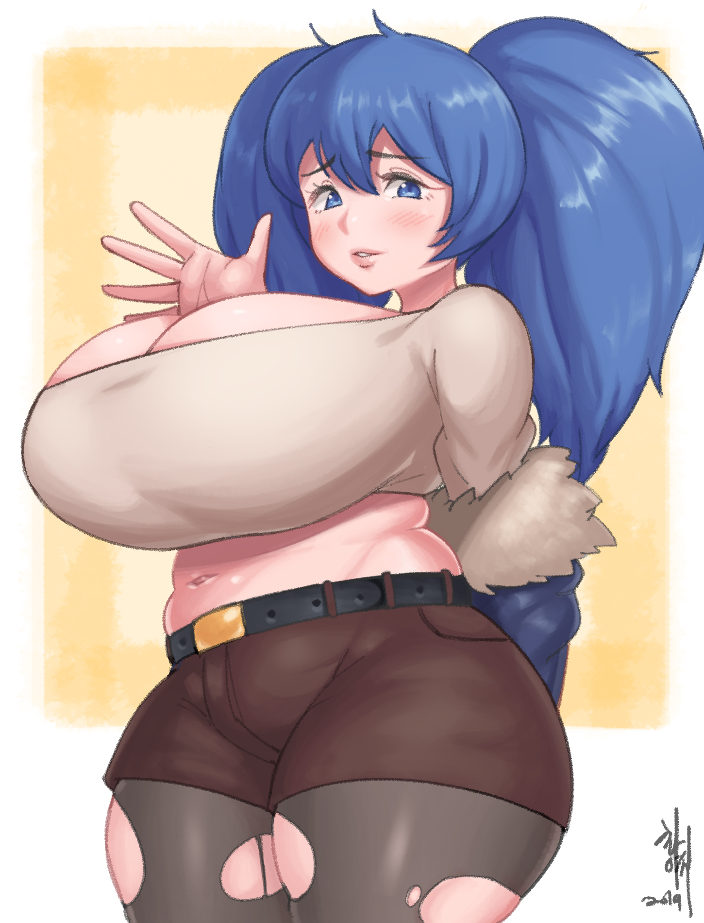 1girls, blue eyes, blue hair, breasts, changbae, chubby, cleavage, female, female only, huge breasts, looking at viewer, solo, thick thighs, twintails, wide hips