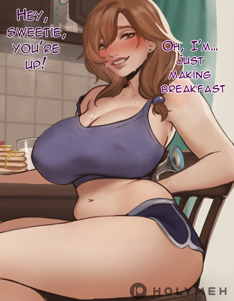 1girls 2d 2d_(artwork) blush breast_pump breasts brown_hair caught chubby english_text erect_nipples female female_focus female_only green_eyes holymeh kitchen large_breasts looking_at_viewer milk nipple_bulge pancake short_shorts smile solo solo_focus sweat sweatdrop sweating text