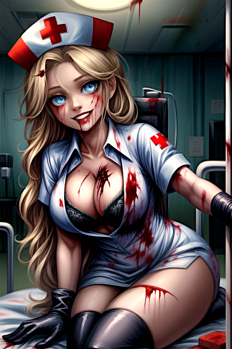 1girls ai_generated big_breasts blonde_hair blood blood_everywhere blood_on_body blood_on_breasts blood_on_chest blood_on_clothing blood_on_face blood_on_hand blood_on_leg bloody_clothes blue_eyes bra breasts cleavage clothed clothed_female creepy creepy_smile female female_only gloves grin halloween horror horror_(theme) hospital jfxjxf latex_gloves long_hair looking_at_viewer nurse nurse_cap nurse_clothing nurse_hat nurse_headwear nurse_outfit nurse_uniform red_lips red_lipstick sitting sitting_on_bed smile solo solo_female solo_focus stockings zombie zombie_girl