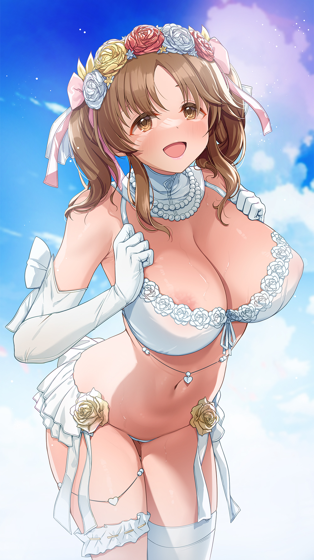 areola_slip blue_sky blush bra breasts bridal_garter brown_eyes brown_hair cleavage cloud cloudy_sky day elbow_gloves female flower frilled_panties frills gloves hair_ornament hair_scrunchie headband heart_ornament highres idolmaster idolmaster_cinderella_girls jewelry large_breasts lingerie micro_panties mk_(mod0) necklace open_mouth outdoors panties pearl_necklace pink_ribbon ribbon rose scrunchie single_thighhigh sky smile solo thighhighs totoki_airi twintails underwear white_bra white_ribbon