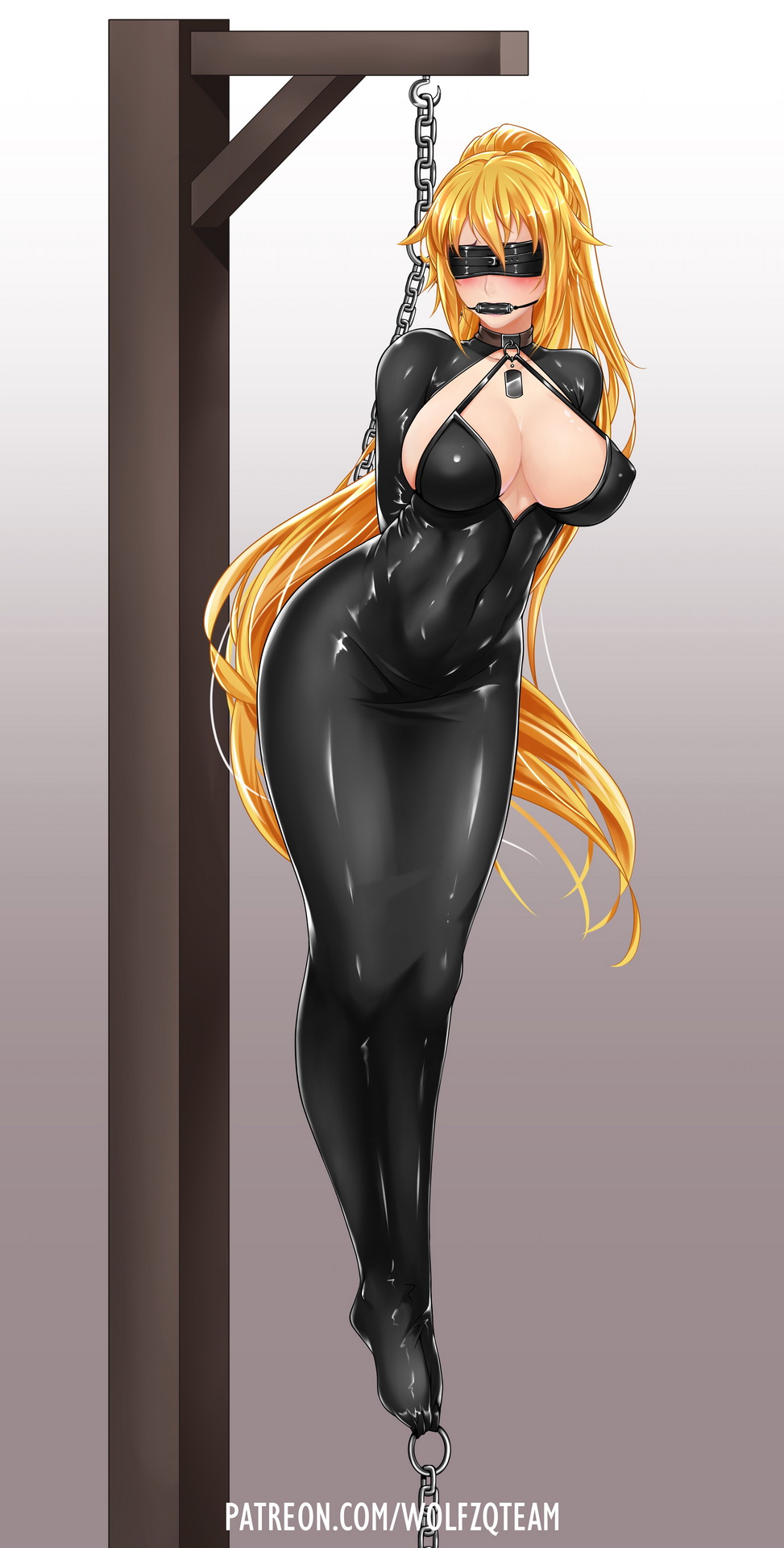 arms behind back, bit gag, blindfold, blonde hair, bondage, bondage outfit, bound, breasts, chains, collar, commentary, covered navel, female, gag, gagged, highres, large breasts, latex, long hair, midnight (banyex), original, ponytail, shiny, shiny clothes, simple background, skin tight, suspension, tag, very long hair