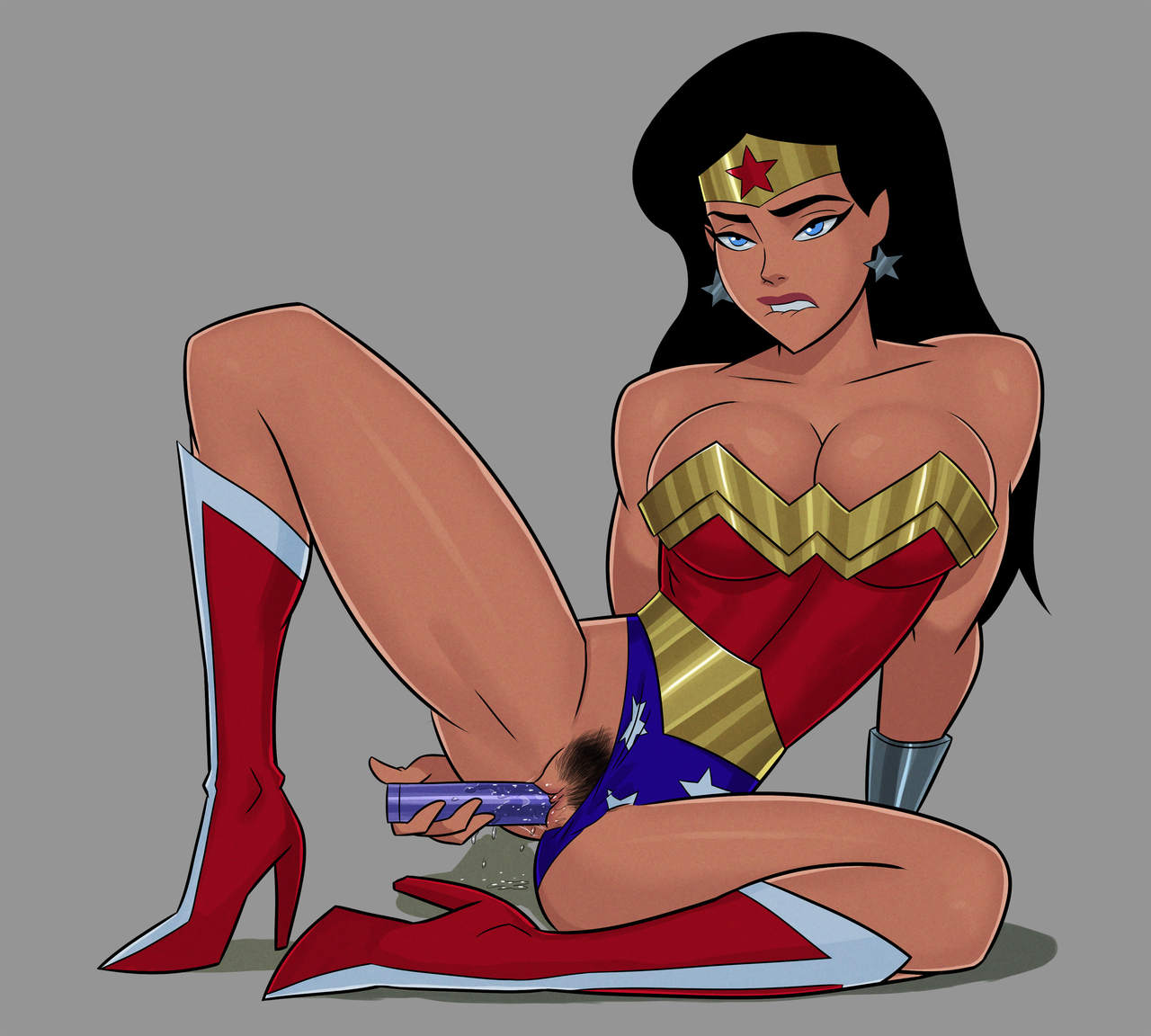 1girls, aroused, bare shoulders, biceps, big breasts, biting lip, black hair, blue eyes, boots, bracelet, breasts, busty, cleavage, clitoris, dc, dc comics, dcau, dildo, earrings, female, female only, high heel boots, high heels, hips, huge breasts, insertion, justice league, leotard, leotard aside, long hair, masturbation, moaning, muscular, muscular female, naughty face, object insertion, pussy, pussy juice, red lipstick, seductive, solo, spread legs, spreading, sunsetriders7, tan skin, thick thighs, tiara, vaginal insertion, vaginal object insertion, vaginal penetration, wet, wonder woman, wonder woman (series)
