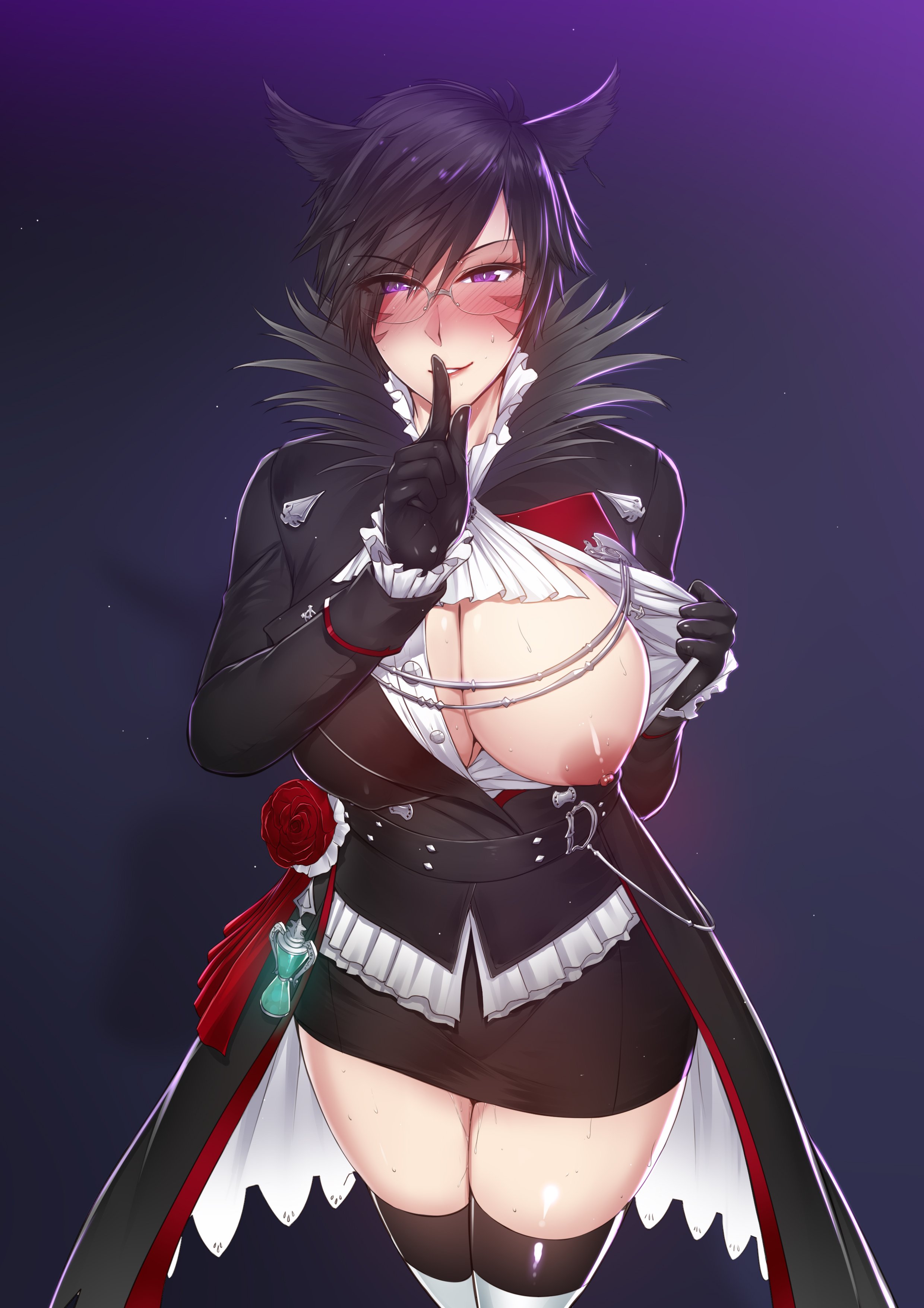 1futa, areolae, balls, balls bulge, balls under clothes, black hair, blush, breasts, curvy, erect nipples, exposed breasts, exposing chest, final fantasy, final fantasy xiv, flaccid, flashing, futa only, futa sans pussy, futanari, glasses, huge breasts, intersex, kairos+, miqo'te, nipple bulge, nipples, noephie luneau, penis, penis bulge, penis under clothes, penis under skirt, purple eyes, solo futa, sweat, tights