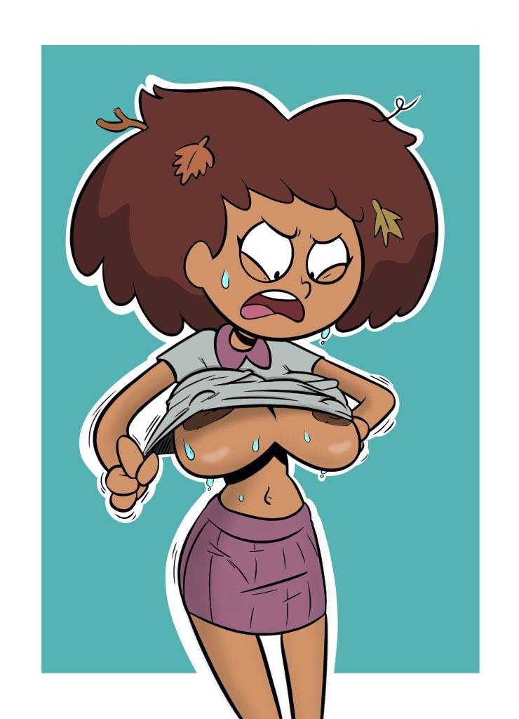 1girls, 2d, amphibia, anne boonchuy, areolae, belly, belly button, big breasts, breasts, brown areola, brown hair, brown nipples, brown skin, colored, curly hair, dark skin, dark-skinned female, disney, disney channel, female, female only, grey shirt, large breasts, leaves, leaves in hair, looking down, nipples, no bra, purple skirt, saint james school uniform, school uniform, schoolgirl, shirt, shirt pull, shirt up, short hair, skirt, small shirt, solo, straight hair, sweat, sweaty, teenage female, teenager, terrible the drawfag, thai, tight, tight clothing, tight fit, tight shirt, underboob, wardrobe malfunction, young