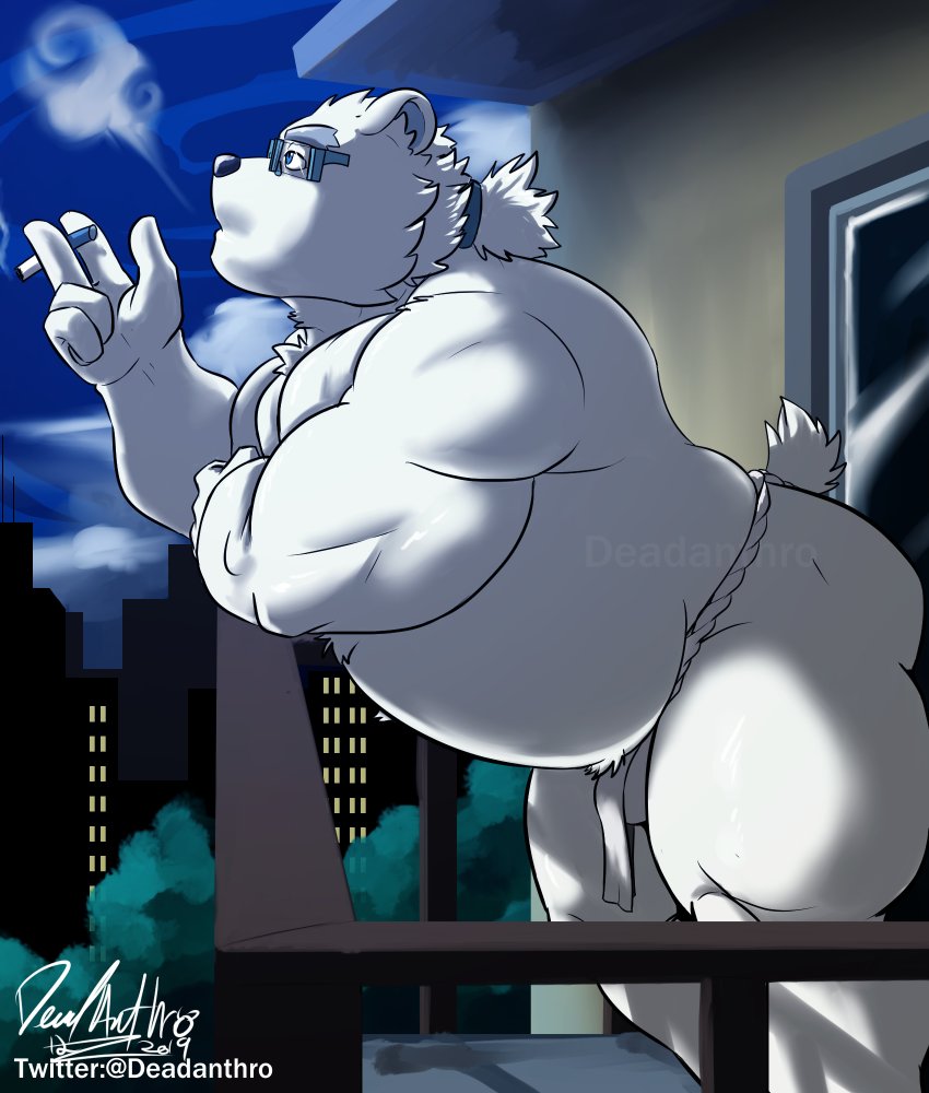 2019 anthro asian_clothing ass balls belly bulge clothing deadanthro east_asian_clothing eyewear fundoshi fur glasses humanoid_hands japanese_clothing leib_(tokyo_afterschool_summoners) male male_only mammal night outside overweight overweight_male polar_bear smoking solo tokyo_afterschool_summoners underwear ursid ursine video_games white_body white_fur