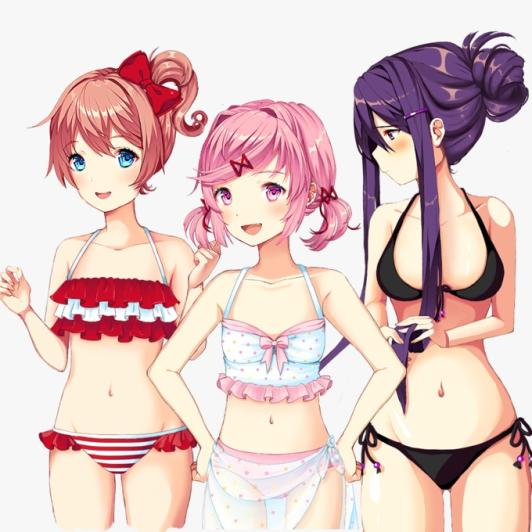 3girls, accurate art style, bikini, bikini bottom, bikini top, black bikini, black bikini bottom, black bikini top, black swimsuit, blue eyes, doki doki literature club, fang, female, female only, multiple females, multiple girls, natsuki (doki doki literature club), pink eyes, pink hair, purple eyes, purple hair, red hair, sayori (doki doki literature club), sprite, sprite edit, swimsuit, yuri (doki doki literature club)
