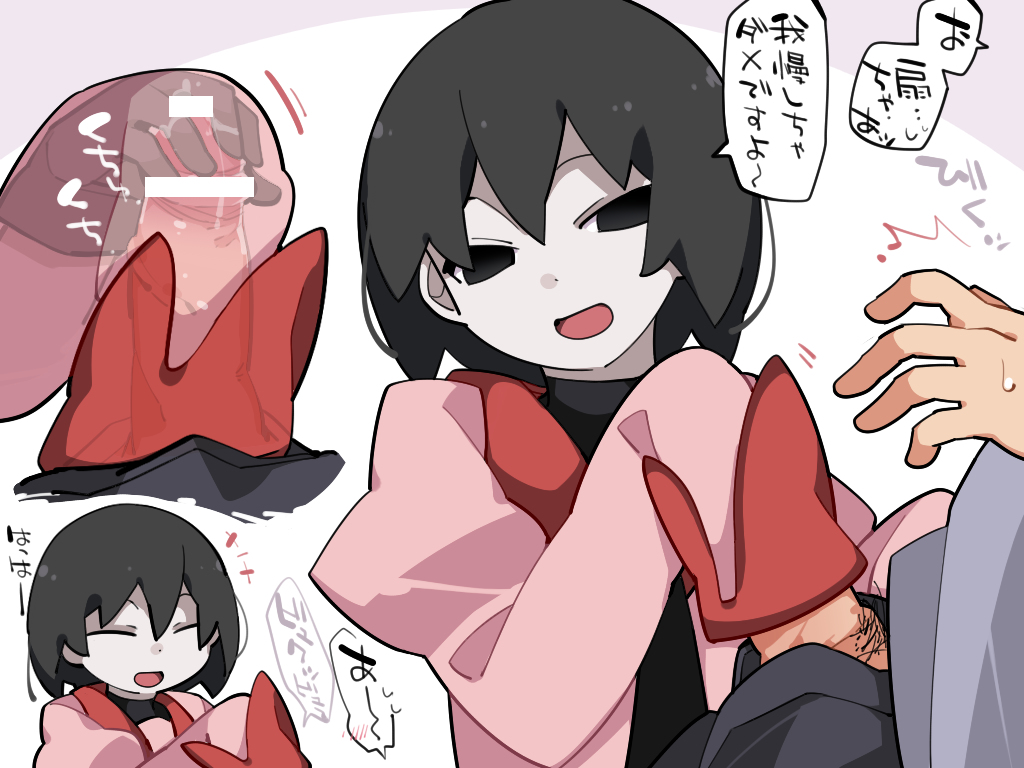 araragi koyomi, black hair, fellatio, female, handjob, long sleeves, male, monogatari (series), oshino ougi, penis, school uniform, sleevejob, text, translation request, under clothes, white background, white skin