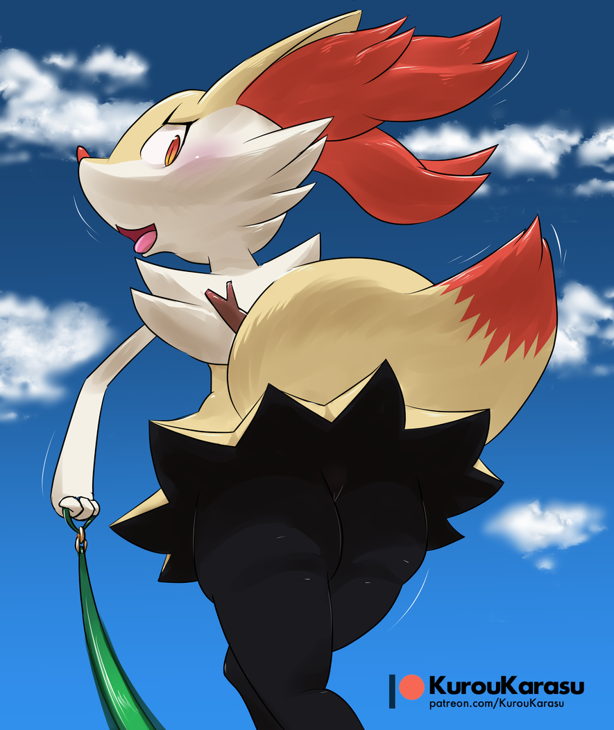 2019 amber_eyes anthro ass black_body black_fur braixen canid canine cloud day digital_media_(artwork) domination female female_domination fur kurou-karasu leash looking_at_viewer looking_back low-angle_view mammal nintendo nude open_mouth outside pokémon_(species) pokemon pokemon_(species) pussy rear_view red_body red_fur sky solo stick text tongue tongue_out unseen_character url video_games white_body white_fur