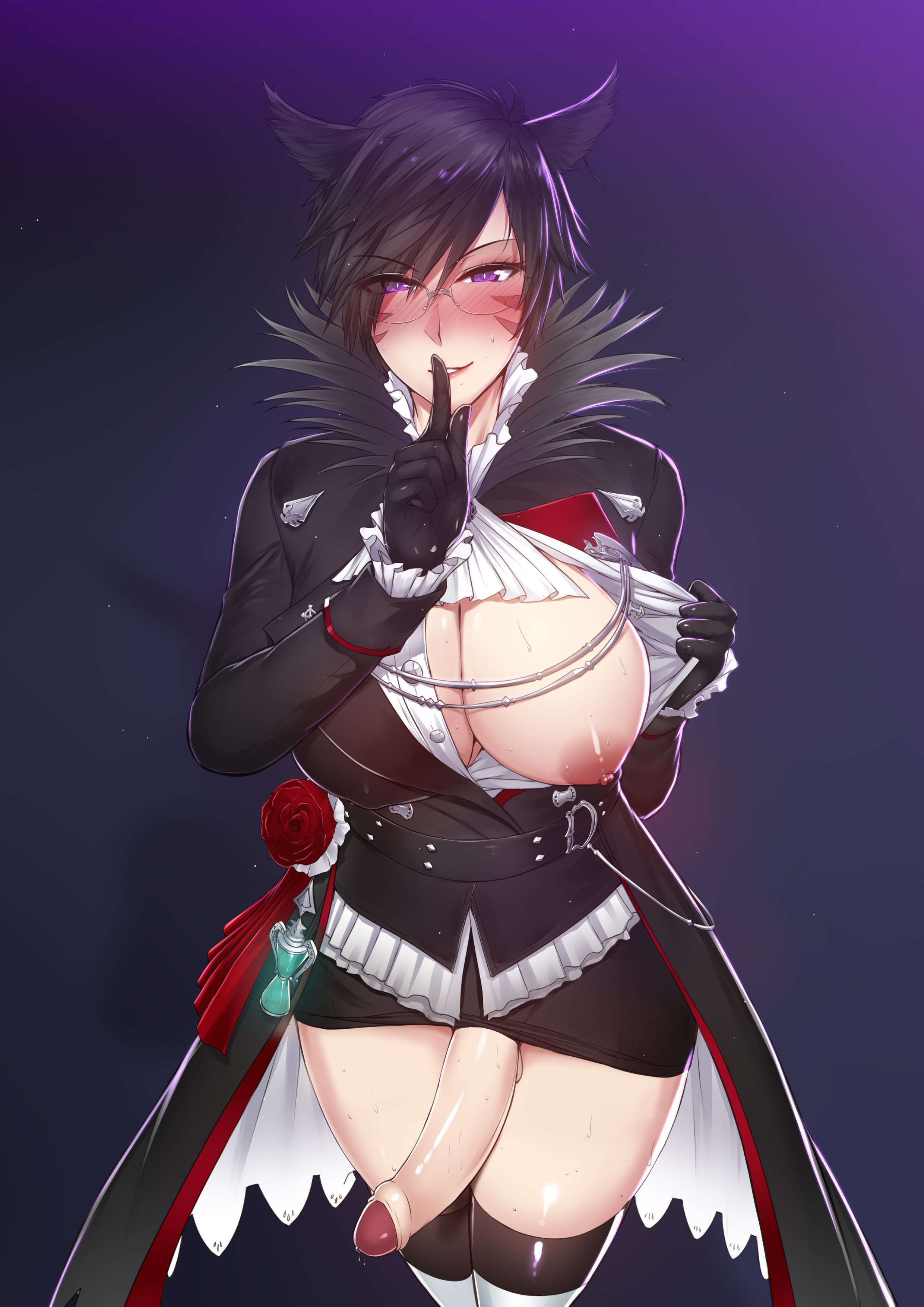 1futa, areolae, balls, balls under clothes, black hair, blush, bottomless skirt, breasts, curvy, erect nipples, erection, erection under clothes, erection under skirt, exposed breasts, exposing chest, final fantasy, final fantasy xiv, flashing, futa only, futa sans pussy, futanari, glasses, huge breasts, intersex, kairos+, large penis, miqo'te, nipple bulge, nipples, noephie luneau, penis, penis out, penis under clothes, penis under skirt, precum, precum drip, purple eyes, skirt, solo futa, sweat, tights