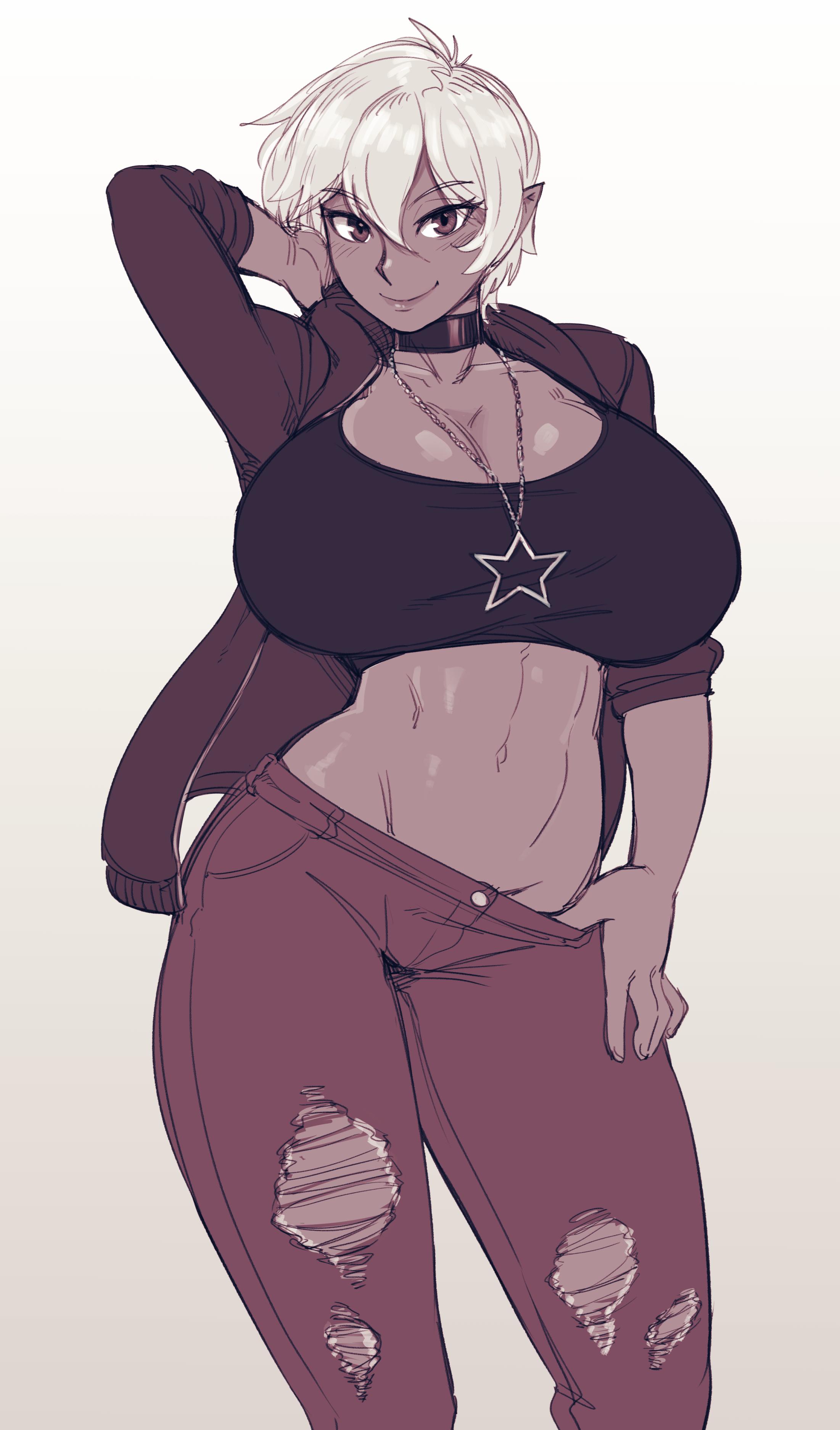 1girls, abs, arms behind head, big breasts, breasts, choker, colette belrose, crop top, dark skin, dark-skinned female, elezen, female, female only, final fantasy, final fantasy xiv, huge breasts, ittla, jacket, navel, necklace, pants pull, pointy ears, ripped clothing, short hair, smile, solo, white hair