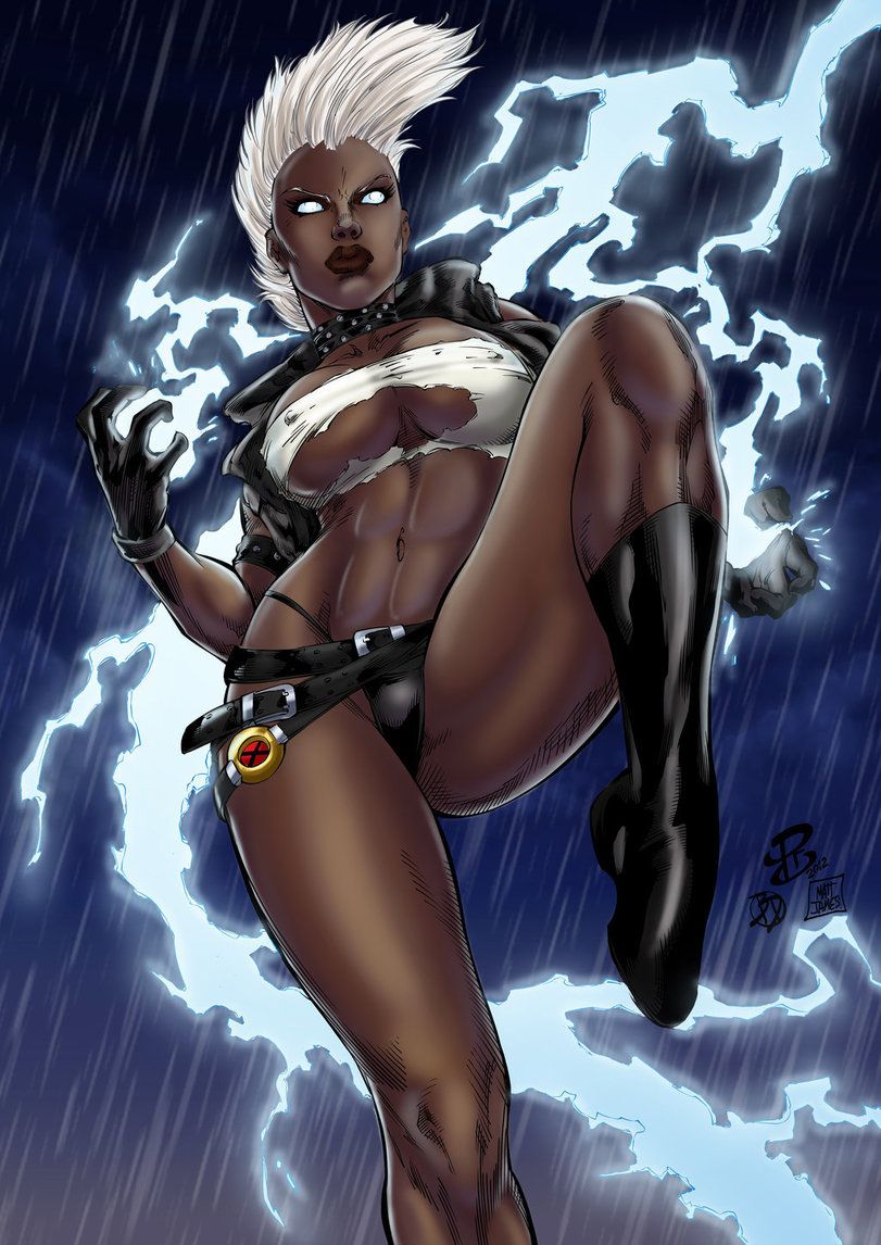 1girls, abs, athletic, bare legs, bare shoulders, big breasts, breasts, busty, cleavage, collar, crop top, dark skin, dark-skinned female, erect nipples, eyelashes, female, female focus, female only, flying, g-string, gloves, hourglass figure, large breasts, lipstick, marvel, marvel comics, mohawk, navel, nipple bulge, nipples, ororo munroe, pose, posing, punk, renato camilo, ripped clothing, solo, source request, storm (x-men), thick thighs, thong, toned, toned female, torn clothes, underboob, white hair, wide hips, x-men