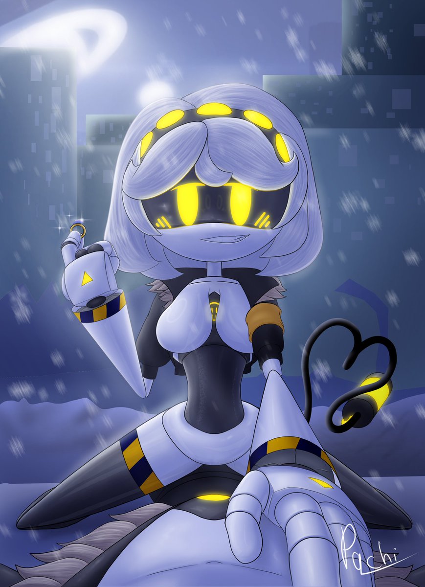 1boy, 1girls, blushing, male/female, murder drones, n (murder drones), pachinsfw, smiling, snow, tail, v (murder drones), wedding ring, yellow eyes