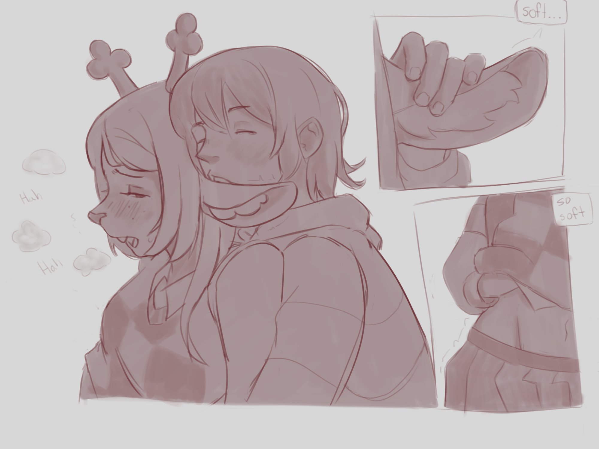 anthro, antlers, artist request, blonde hair, breasts, deer, deer ears, deer girl, deer tail, deltarune, female, hand on boob, human, human on anthro, kris (deltarune), long hair, moaning, neverknowsdot, no color, noelle holiday, snout, soft, suggestive, suggestive gesture, suggestive look