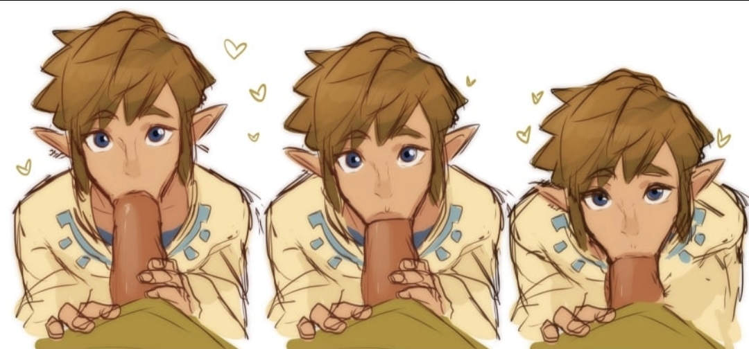 1boy, elf ears, face closeup, gay, hearts, link, looking at viewer, male, male only, oral, skinny, sucking, the legend of zelda