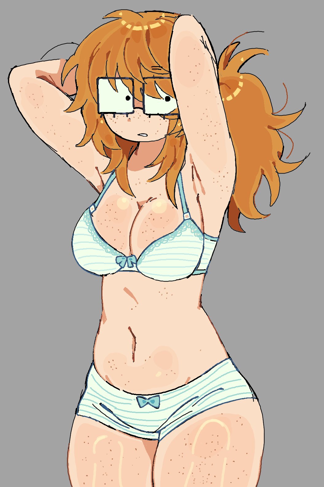 cleavage, freckles, freckles on breasts, freckles on face, freckles on shoulders, freckles on thighs, glasses, hollow shine, kibyland, large breasts, orange hair, steph (kibyland), stephanie finch, thick thighs, underwear
