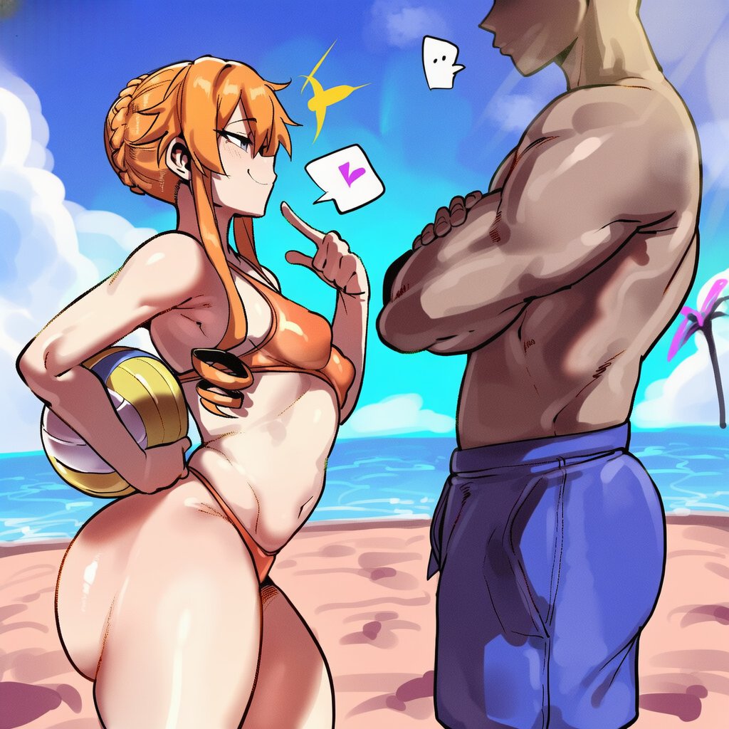 1boy, 1girls, ai generated, ass, big ass, bikini, breasts, dark-skinned male, date a live, duo, female, ishimo, male, yamai kaguya