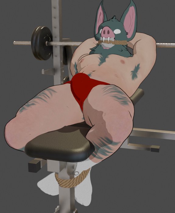 3d, 3d (artwork), 3d model, 3d render, augghles, bench press, bulge, dispatch (game), flaccid, gay, gym, humanoid, male only, non-human, non-human head, socks, socks only, solo, solo male, sonar (dispatch), tied, tied legs, tied up, underwear, underwear only, working out