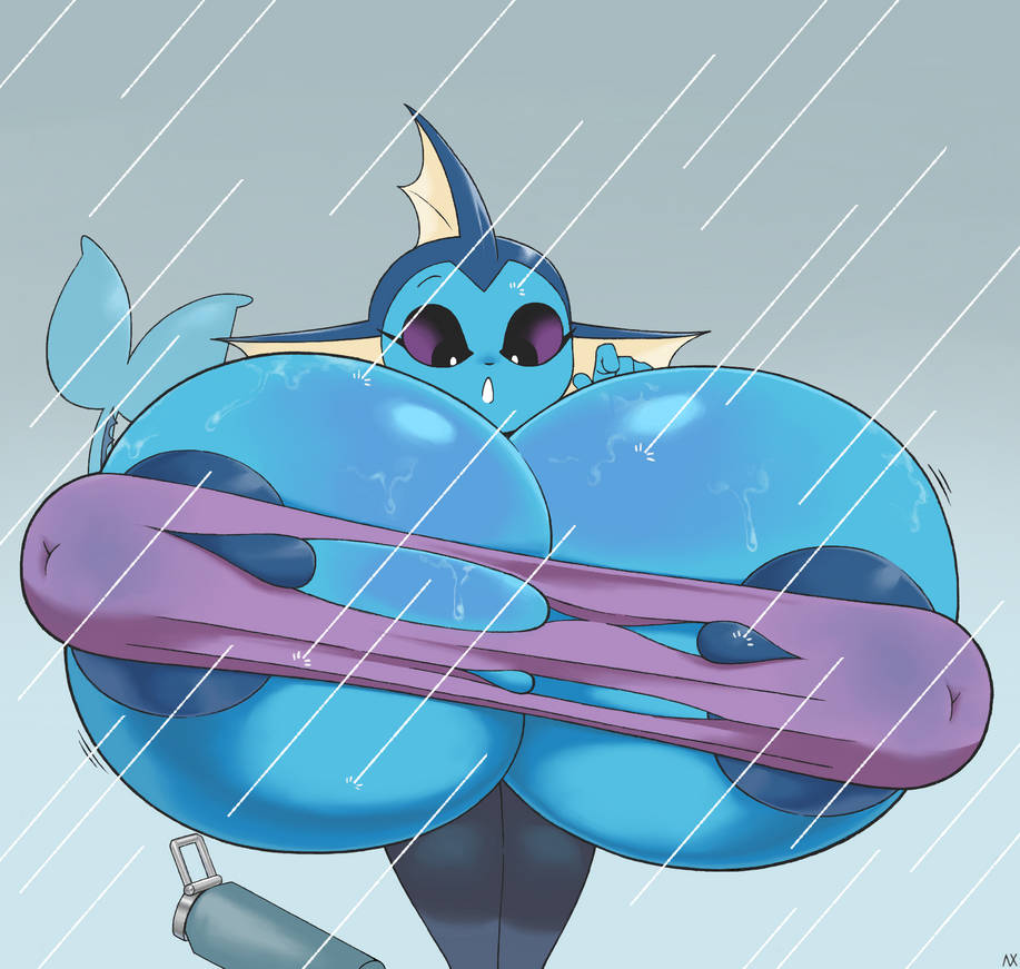 big breasts, blue body, breast expansion, female, huge breasts, hyper breasts, hyper nipples, large breasts, pokemon, pokemon (species), raining, reebarabee, vaporeon, water