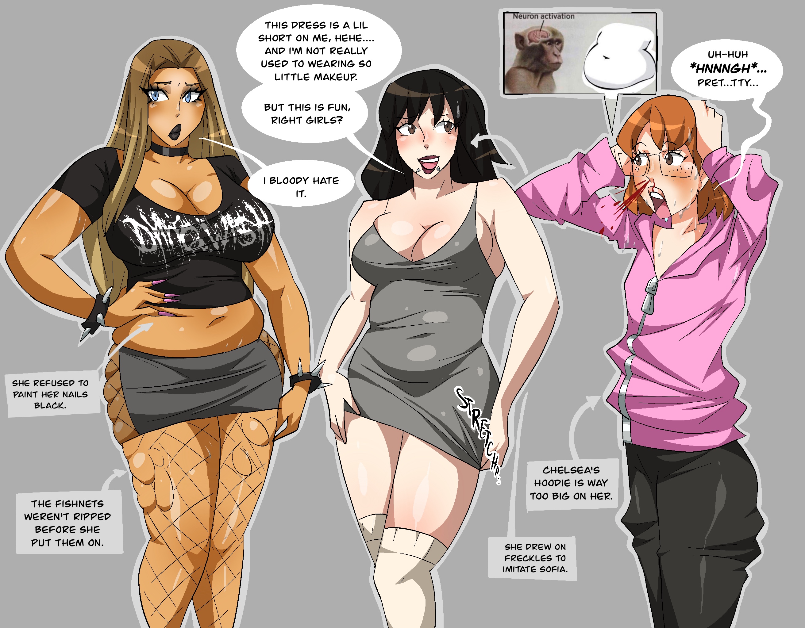 3girls, assthethick, big breasts, bimbo, black hair, blonde hair, chelsea (assthethick), chubby, chubby female, english text, goth, goth girl, gothic, horny, horny female, huge breasts, large breasts, maya (assthethick), meme in the background, meme reference, nerdy female, neuron activation, neuron activation (meme), nosebleed, orange hair, outfit swap, oversized clothes, overweight, overweight female, piercing, piercings, ripped clothing, ripped pantyhose, sofia (assthethick), sweat, sweating, tan body, tan skin, text