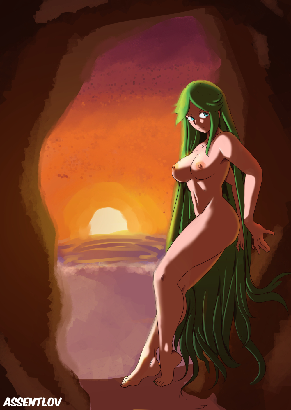 1girls, ass, assentlov, beach, big breasts, breasts, cave, collarbone, completely nude, curvy, curvy figure, evening, feet, female, female only, full body, goddess, green eyes, green hair, hands on wall, hip focus, kid icarus, kid icarus uprising, large breasts, legs, long hair, long legs, looking away, naked, naked female, navel, nintendo, nude, nude female, orange sky, outdoors, palutena, sand, shade, smile, solo, solo female, standing, sunset, tareme, text, thick thighs, thighs, toes, very long hair, watermark