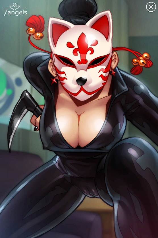 1girls 7_angels akiko_(7_angels) attacking_viewer black_hair blade cameltoe catsuit cleavage female_only hair_bun hair_up large_breasts latex latex_suit leaning_forward looking_at_viewer mask masked nutaku scythe sickle skin_tight solo tight_clothing weapon white_skin