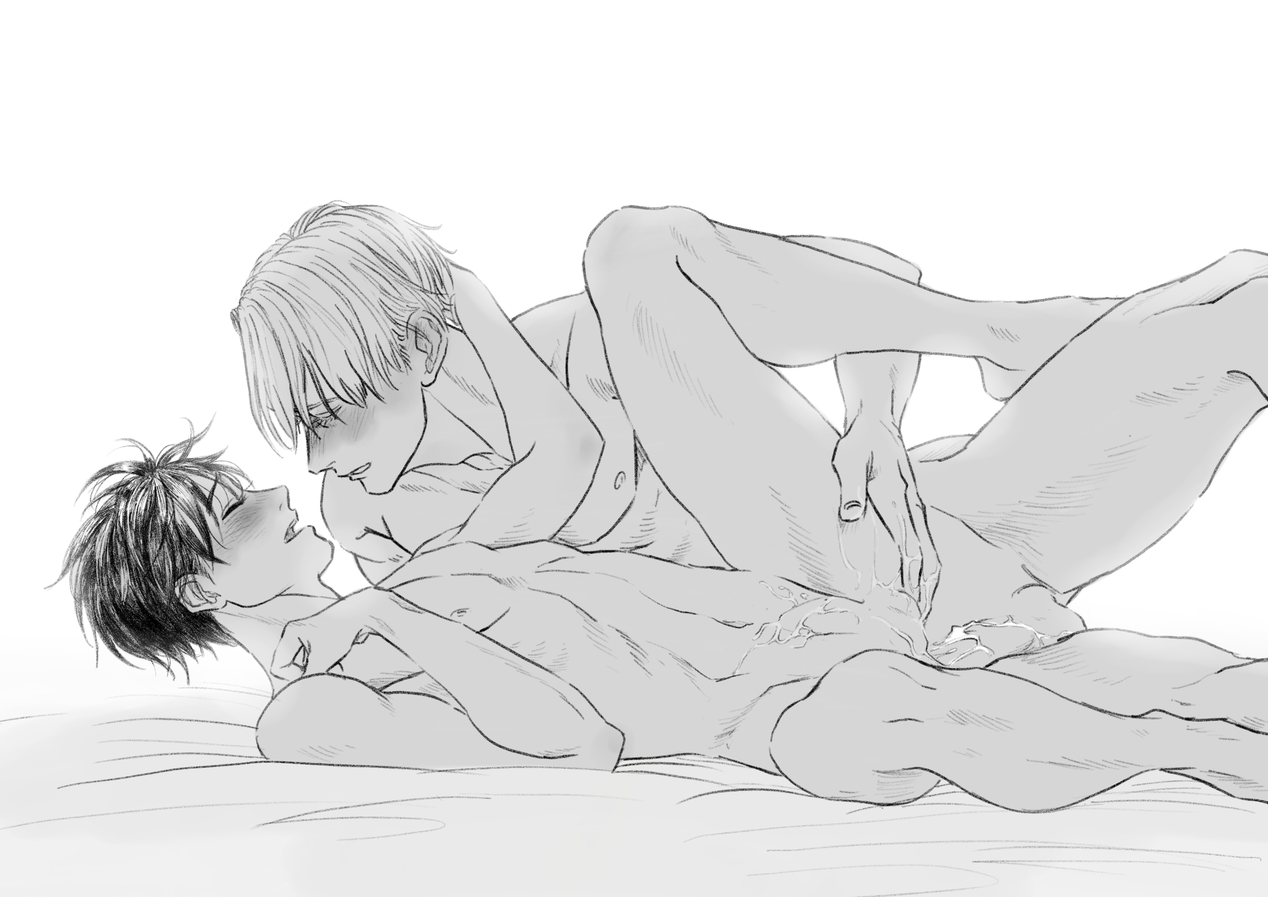 2boys, ambiguous fluids, anal, anal penetration, anal sex, ass, canon couple, closed eyes, cum, cum in ass, cum inside, cum while penetrated, gay, katsuki yuuri, lying, male, male penetrated, monochrome, muscular, muscular male, nude, on side, penis, sex, soft, viktor nikiforov, wet, white background, yaoi, yuri!!! on ice