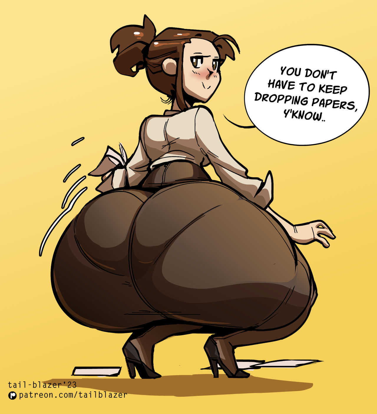 ass, big ass, eli (tail-blazer), female, high heels, huge ass, looking back, pantylines, smile, tagme, tail-blazer, text, underwear outline