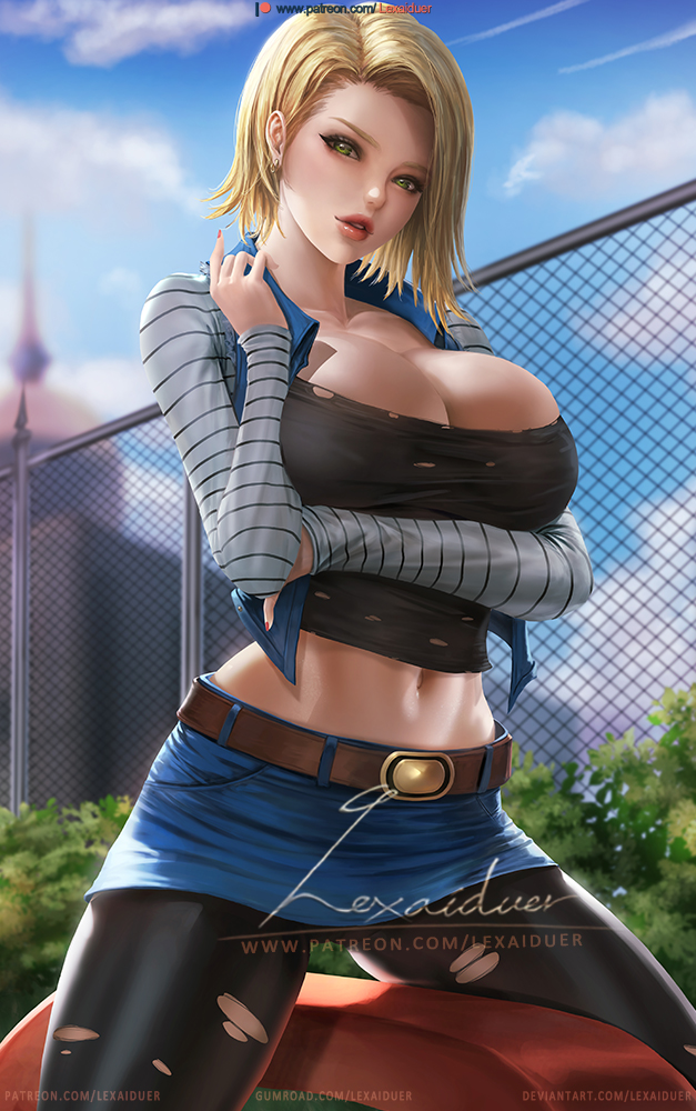 android 18, black shirt, blonde hair, breasts, cleavage, dragon ball, dragon ball z, earrings, female, green eyes, large breasts, lexaiduer, nail polish, navel, open jacket, realistic, skirt, tagme, torn clothes, torn pantyhose, torn shirt, watermark
