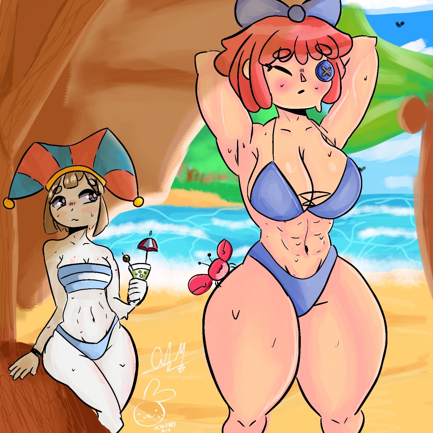 2girls, abdomen, beach, bikini, blue eyes, blush, blushing, boobs, bowtie, bowtie on head, breasts, brown hair, button eyes, crab, d rx233665, jester hat, pomni (the amazing digital circus), ragatha (the amazing digital circus), ragdoll, red eyes, red hair, ribbon, ribbon in hair, stitches, sweat, sweatdrop, sweating, the amazing digital circus, thick thighs, thighs, white skin