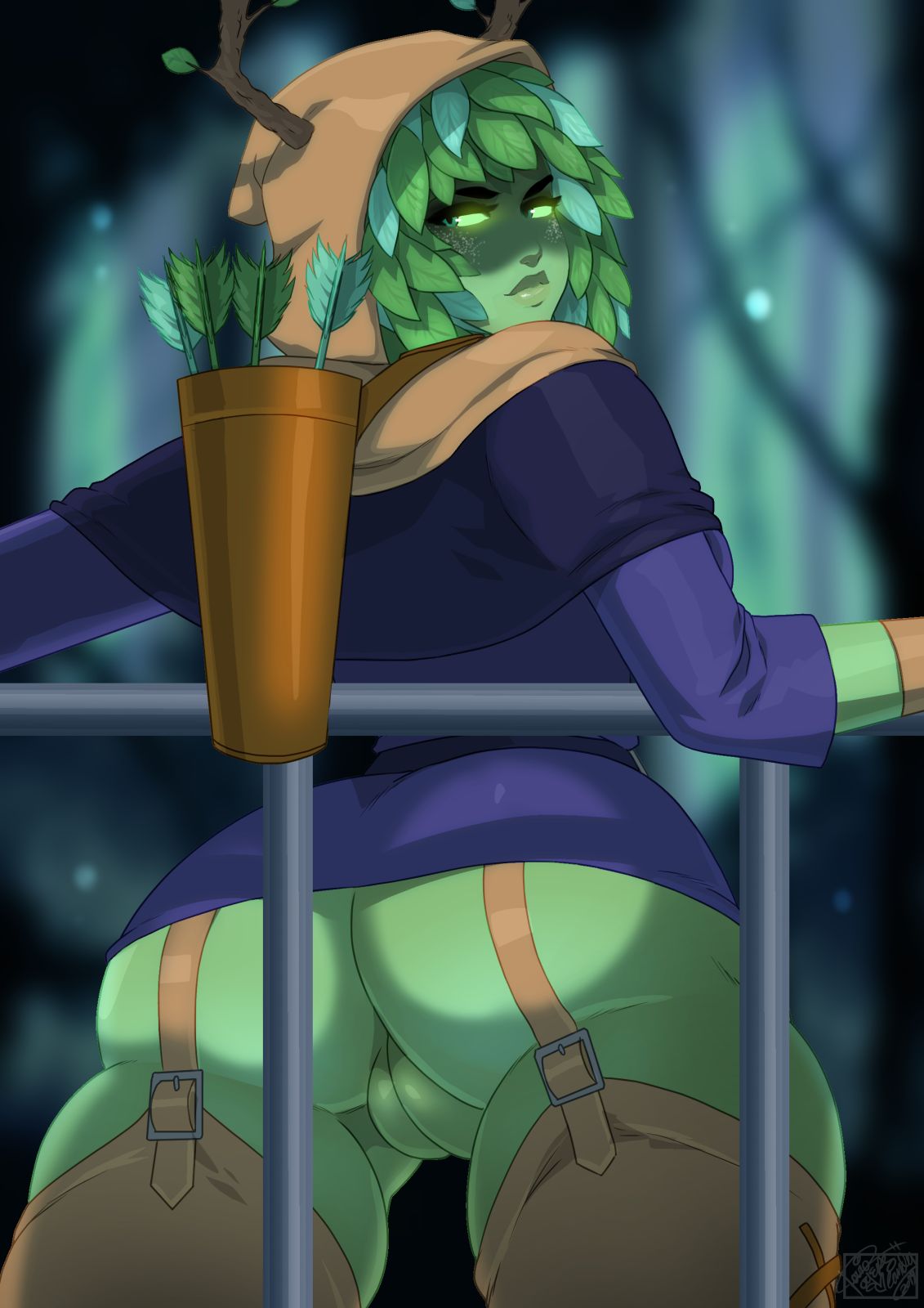 adventure_time gloves green_eyes green_hair green_skin hoodie huntress_wizard leafs looking_at_viewer nature poles thigh_highs thighs vagina