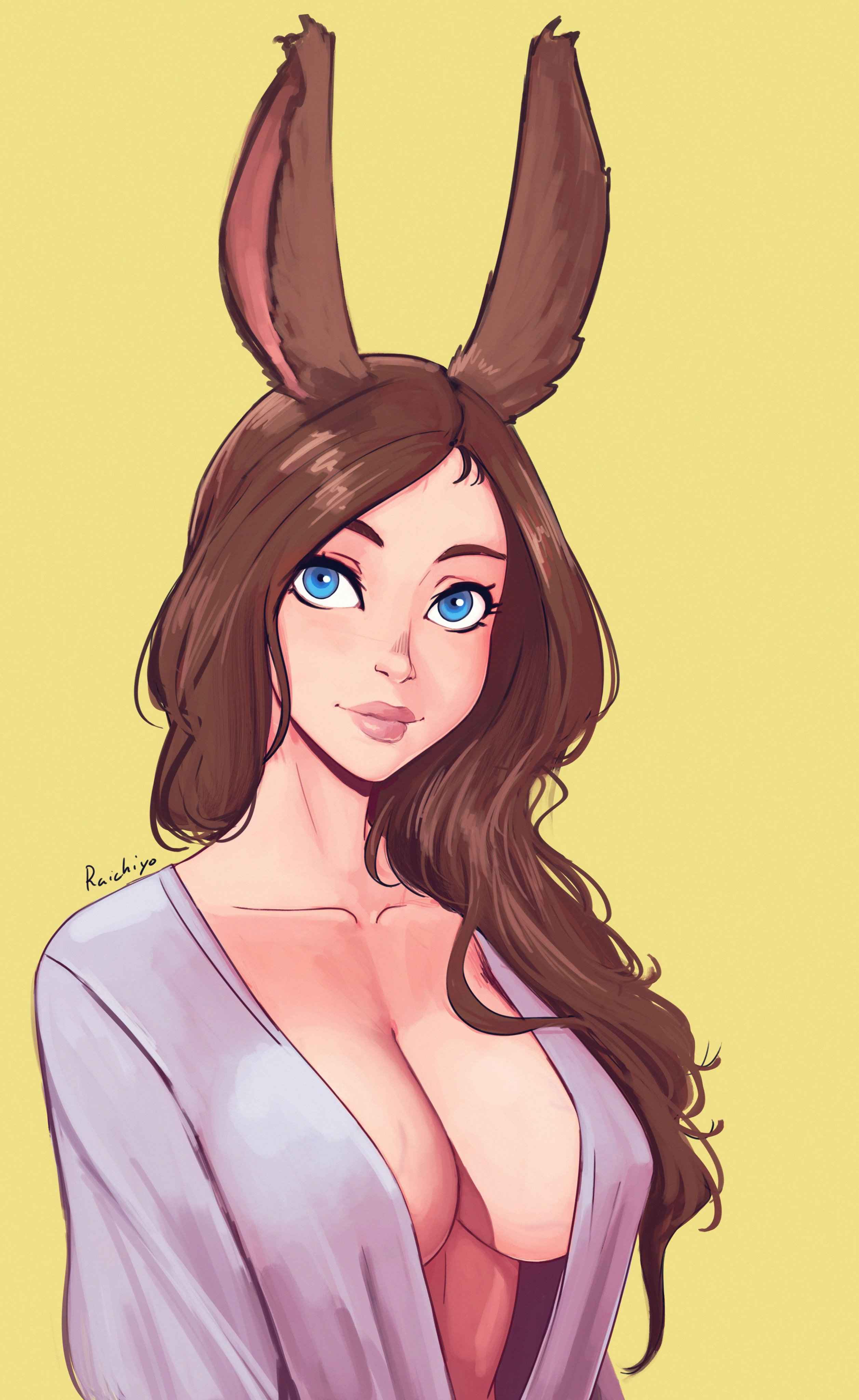 1girls, bathrobe, blue eyes, breasts, brown hair, cleavage, female, highres, large breasts, long hair, looking at viewer, open robe, rabbit ears, raichiyo33, simple background, smile, smiling at viewer, solo, viera, waist up, yellow background