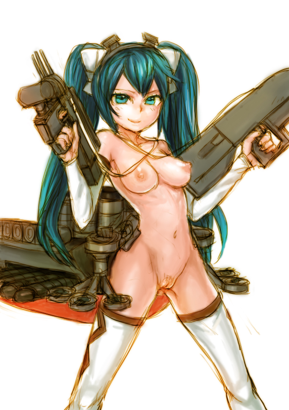 1girls blue_eyes blush detached_sleeves erect_nipples female gun isuzu_(kantai_collection) kantai_collection large_breasts long_twintails machine_gun messiahsyndrome pubic_hair smile solo thighhighs twintails white_background white_thighhighs