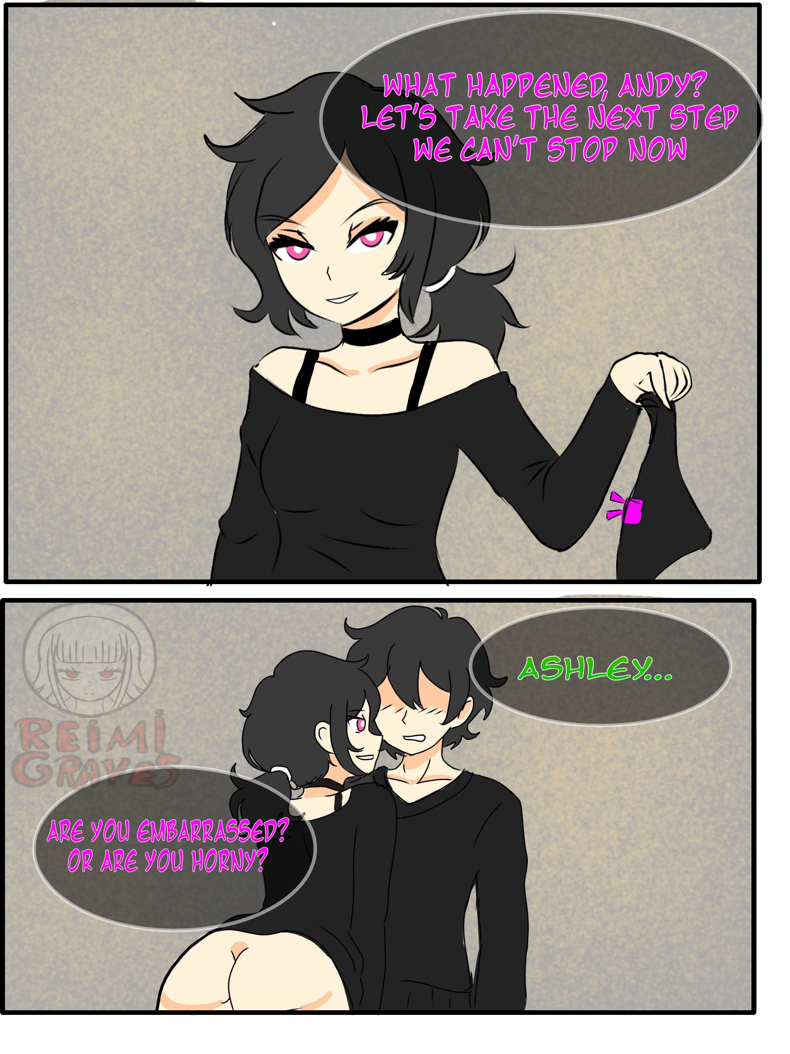 1boy, 1girls, 2d, andrew graves, ashley graves, ass, black hair, bottomless, brother and sister, choker, comic, dialogue, english text, female, incest, male, panties, pink eyes, ponytail, reimigraves, siblings, straight, the coffin of andy and leyley