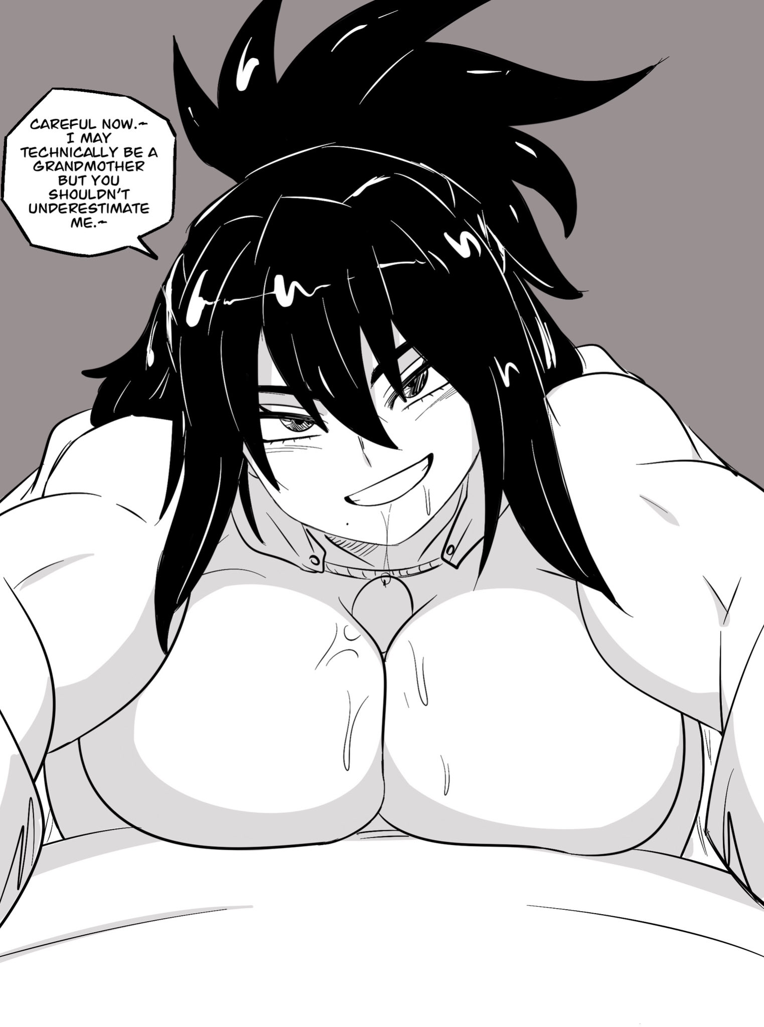 1boy, 1girls, 2026, 2d, black hair, black-haired female, breasts, darwaarts, dialogue, english, english dialogue, female, hi res, huge breasts, looking at viewer, male, male pov, male/female, milf, monochrome, muscular female, my hero academia, nana shimura, nude, nude female, paizuri, pale skin, pale-skinned female, pale-skinned male, partial male, penis, penis between breasts, ponytail, pov, saliva, saliva string, simple background, smile, speech bubble, superheroine, talking to viewer, titjob