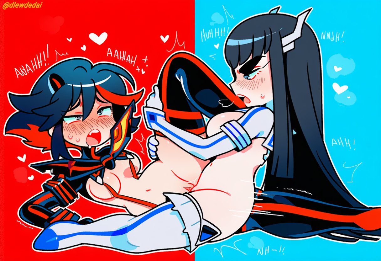2girls, ai assisted, ai generated, arm support, black hair, blue eyes, blue hair, blush, breasts, covered nipples, dark blue hair, dlewdedai, english, english text, female, female only, female/female, hearts, hearts around head, holding leg, incest, kill la kill, kiryuuin satsuki, lesbian sex, long hair, matoi ryuuko, motion lines, multiple girls, pussy, pussy to pussy, scissoring, shaved pussy, short hair, sisters, spread legs, thick eyebrows, thighhighs, trembling, tribadism, two-tone hair, yuri