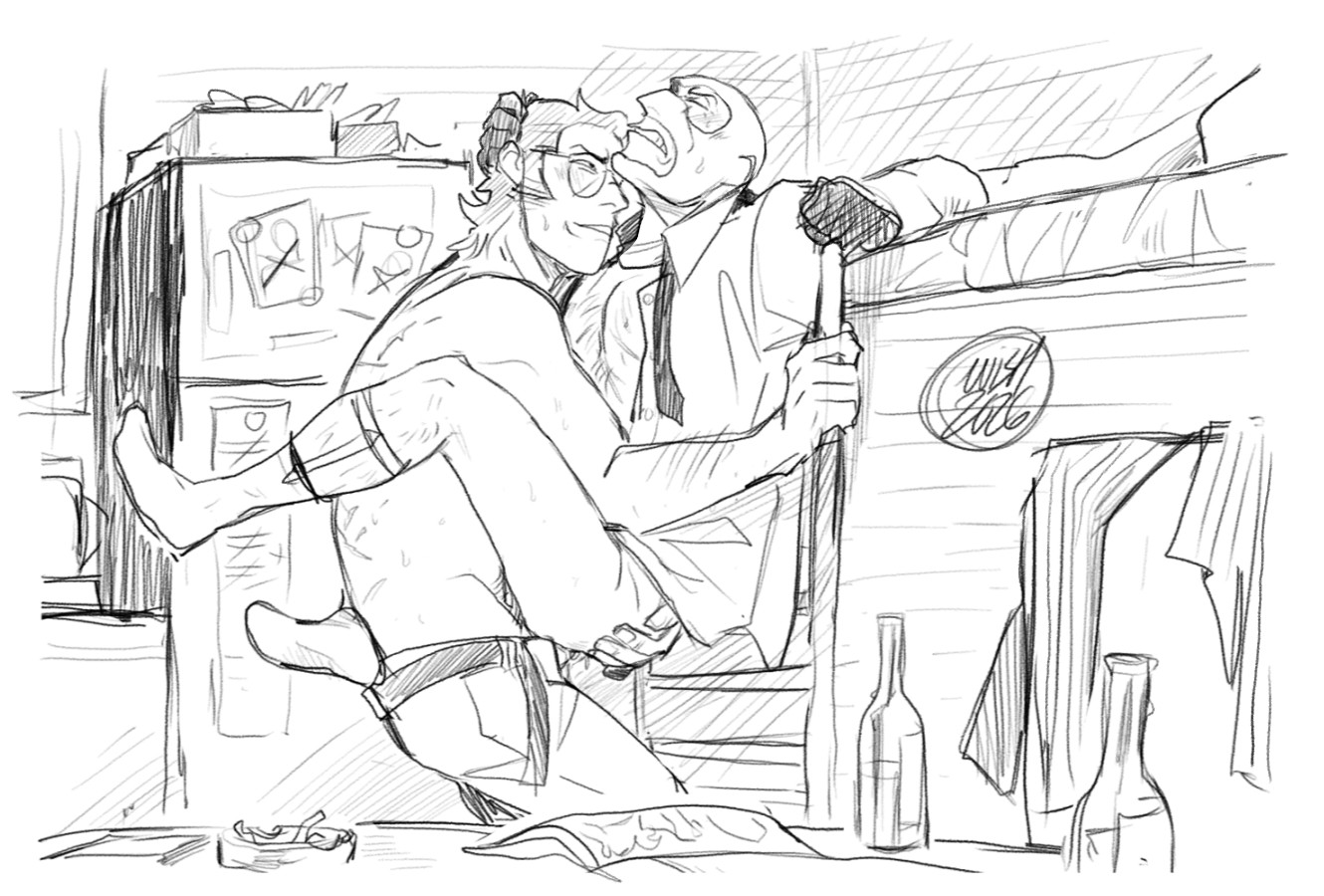 2boys, against ladder, against surface, age difference, black and white, blush, disheveled, gay, gay sex, half-dressed, sniper (team fortress 2), sock garters, spy (team fortress 2), supporting partner, team fortress 2, wishfulsketching, yaoi, younger penetrating older