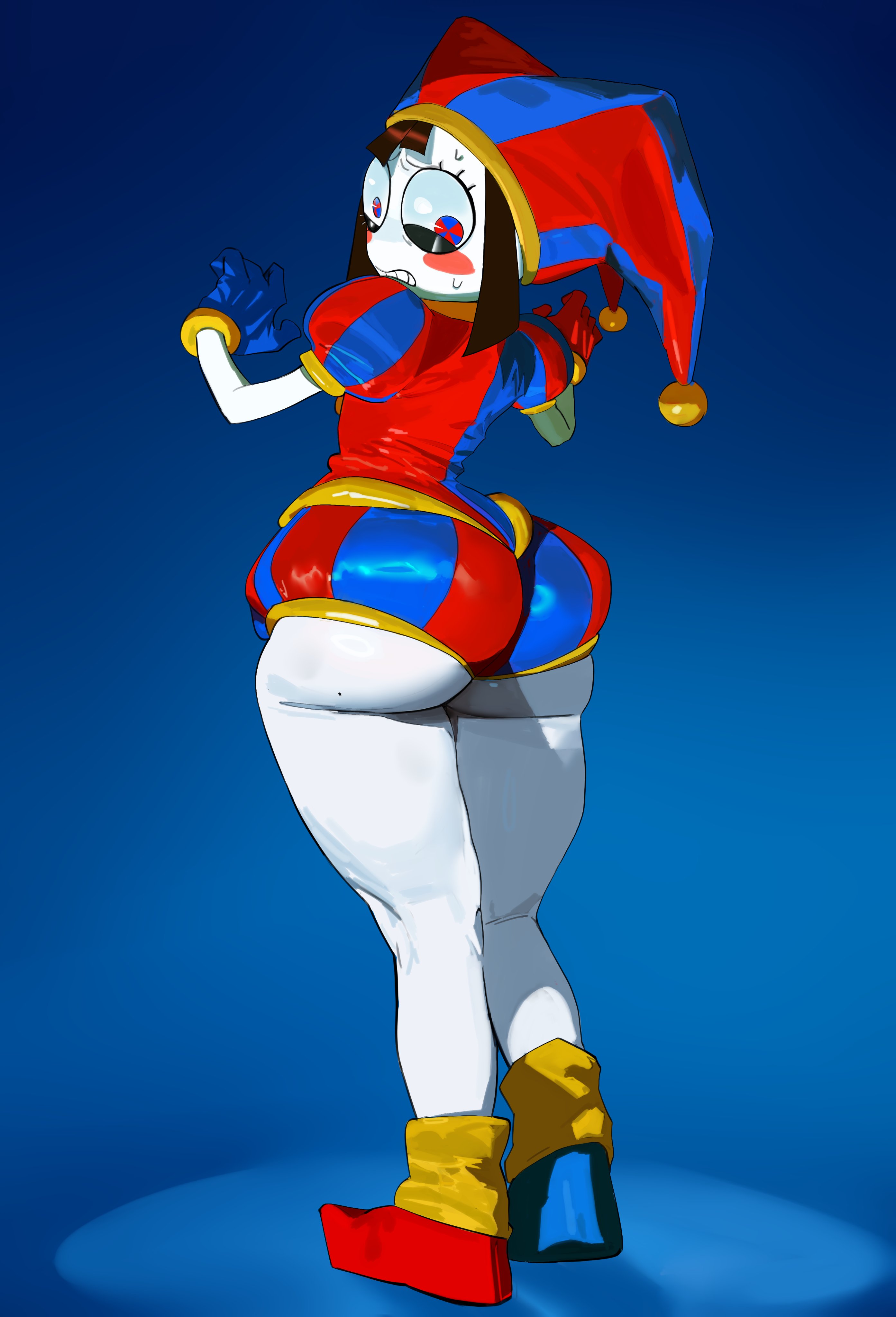 1girls, 2d, 2d (artwork), 2d artwork, accurate art style, accurate body type, accurate model, accurate proportions, black hair, digital art, digital drawing, digital drawing (artwork), digital media (artwork), female, female focus, fortnite, fortnite: battle royale, glitch productions, gooseworx, hintobento, jester, jester hat, jester outfit, light skin, light-skinned female, looking at viewer, pomni, pomni (tadc), pomni (the amazing digital circus), solo, solo female, solo focus, tagme, the amazing digital circus, thick thighs, thighs, two-tone eyes, white body, white skin, wide hips