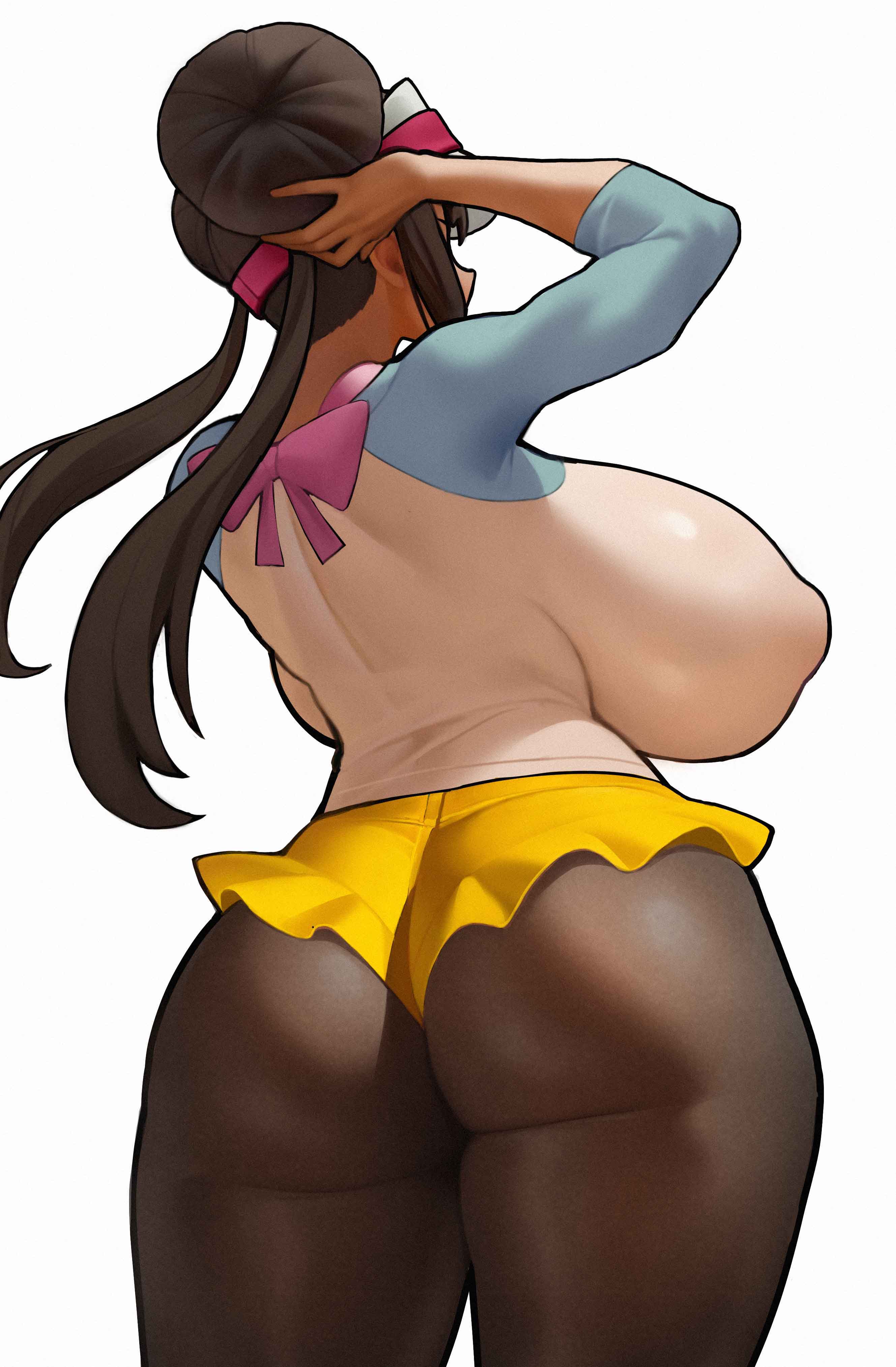 1girls, ass, big ass, big breasts, breasts, brown hair, bubble butt, busty, fat ass, female, female only, gluteal fold, hat, huge breasts, large ass, large breasts, massive breasts, off model, pantyhose, pokemon, rear view, rosa (pokemon), shirt, skirt, solo, spiralnoww, thick ass, thick thighs, top heavy, visor cap, wide hips