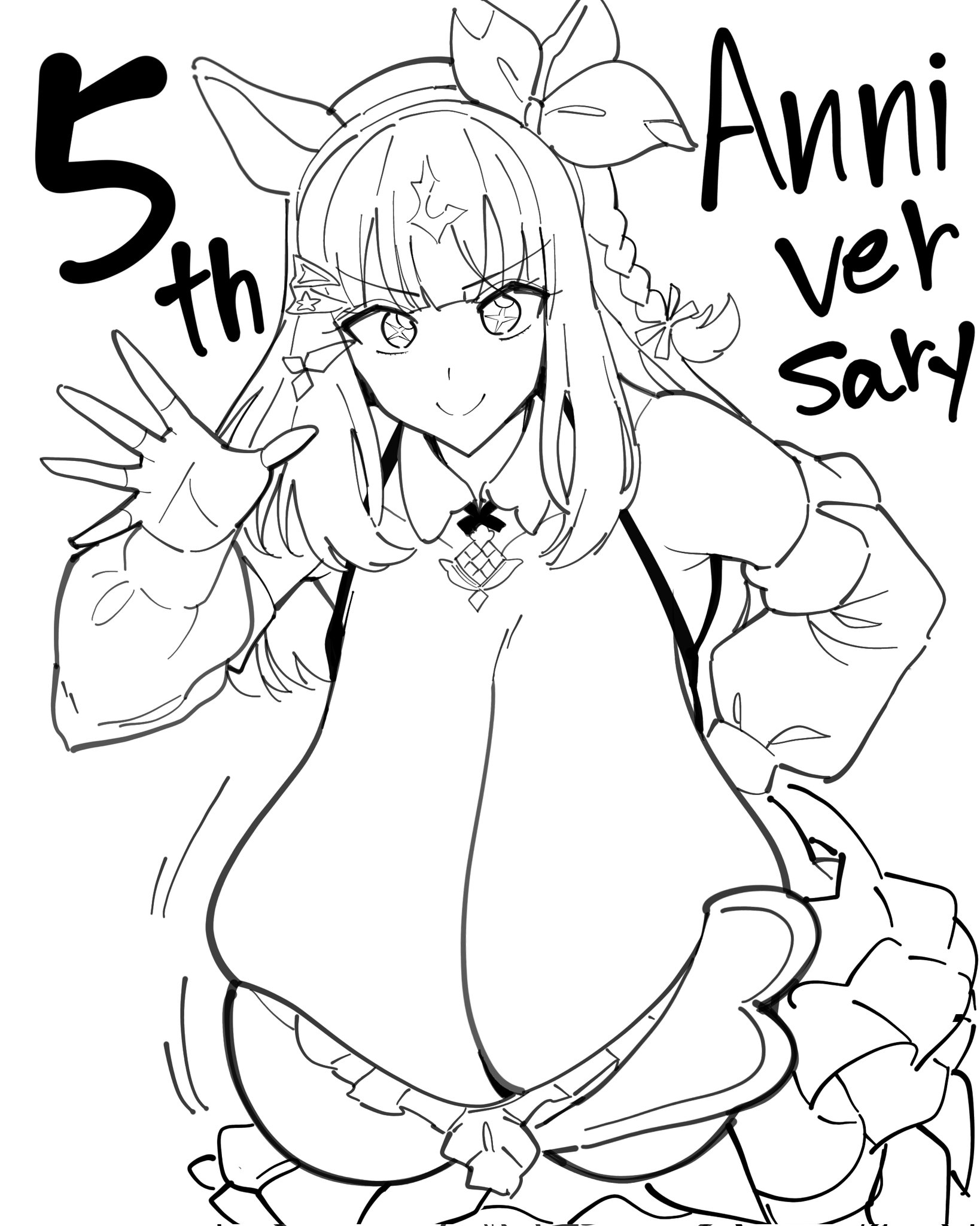 1girls, almond eye (umamusume), anniversary, black and white, braid, breasts, busty, cleavage, detached collar, detached sleeves, female, female only, hanging breasts, horse ears, horse girl, huge breasts, jiggle, long hair, looking at viewer, monochrome, skirt, smile, solo, umamusume, umamusume pretty derby, urakugaki