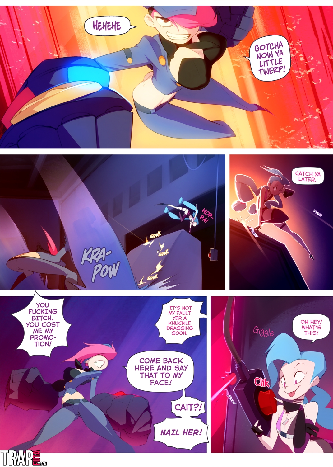 3girls, breasts, caitlyn kiramman, canon couple, comic, dildo, doxy, female, female only, jinx (league of legends), league of legends, multiple females, multiple girls, officer caitlyn, officer vi, pussy, strap-on, strapon, vi, yuri
