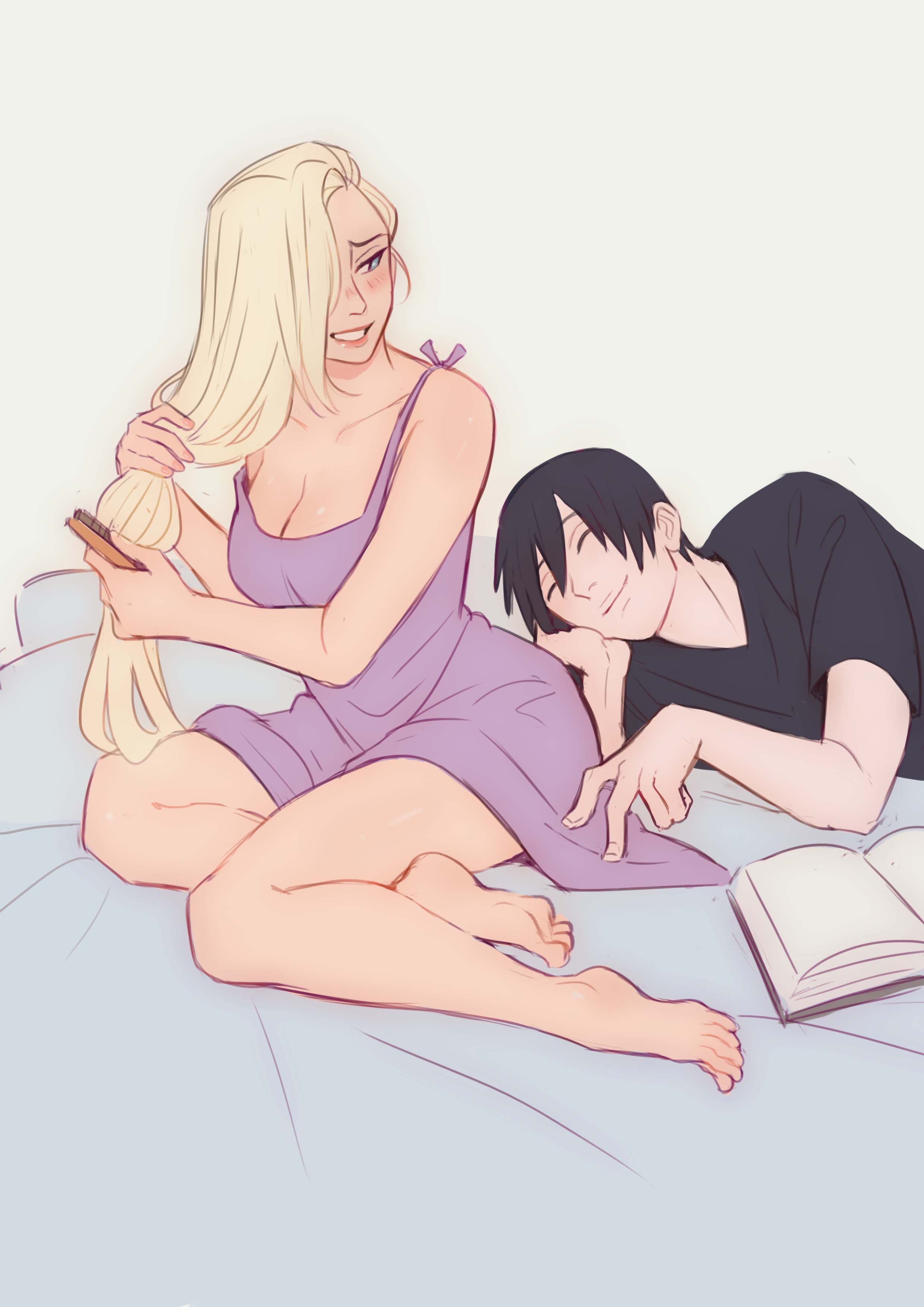 1boy, 1boy1girl, 1girls, absurd res, absurdres, bare arms, bare legs, bare shoulders, bare thighs, barefoot, bed, bed sheet, bedding, bedroom, bedroom eyes, black hair, blonde hair, blue eyes, blush, book, boruto: naruto next generations, boyfriend-girlfriend, breasts, brushing hair, canon couple, cleavage, closed eyes, clothed, clothing, couple, dress, duo, duo focus, feet, fully clothed, hair over one eye, hi res, high quality, high resolution, highres, hips, husband and wife, imminent sex, ino yamanaka, laying on stomach, light skin, light-skinned female, light-skinned male, lingerie, lips, lipstick, makeup, married couple, messy hair, monday mint, nail polish, narrowed eyes, naruto, naruto (series), naruto shippuden, naruto: the last, nightwear, on bed, painted nails, pale skin, pale-skinned female, pale-skinned male, pink lips, pink lipstick, pink nail polish, pink nails, purple dress, purple lingerie, sai, shonen jump, short dress, shounen jump, shueisha, skimpy, skimpy clothes, skimpy dress, smile, smiling, smiling at partner, soles, t-shirt, teeth, teeth showing, toes, very high resolution, weekly shonen jump, weekly shounen jump, wholesome, wide hips, yamanaka ino, yellow hair
