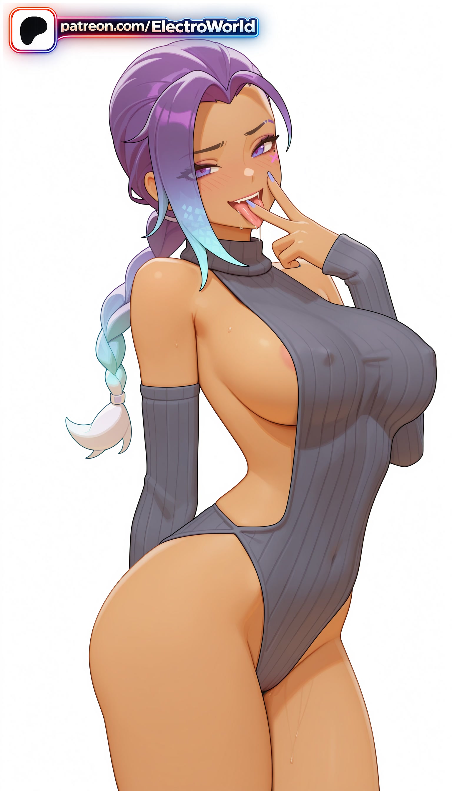 1girls, 2026, ai generated, areola, areolae, artist name, bare shoulders, braid, breasts, bust, chest, covered nipples, dark skin, dark-skinned female, electroworld, exposed nipples, fellatio gesture, female, hi res, high quality, high resolution, highleg, highleg leotard, highres, leotard, long hair, makeup, meme attire, nail polish, nipples, nipples outside, overwatch, patreon, patreon username, purple eyes, purple hair, ribbed leotard, solo, sombra, stable diffusion, sweater, tongue, tongue out, watermark