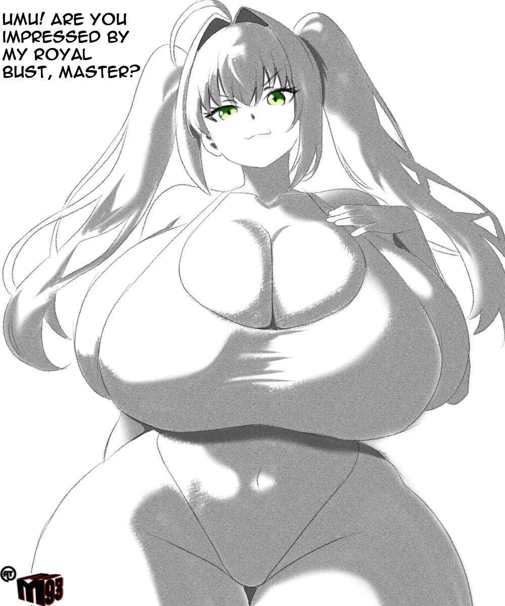 1girls, 2025, 2d, 2d (artwork), ahoge, artist logo, big breasts, black and white, breasts, breasts bigger than head, busty, busty female, curvaceous, curvaceous female, curvaceous figure, curvy, curvy female, curvy figure, english text, fate (series), female, female focus, gigantic breasts, green eyes, hourglass figure, hourglass figured female, huge breasts, large breasts, large hips, long hair, looking at viewer, mewmaster93, nero claudius (fate), slim waist, smile, smiling at viewer, solid color background, solo, solo female, swimsuit, talking, talking to viewer, text, thick hips, thick thighs, twintails, white background, wide hips