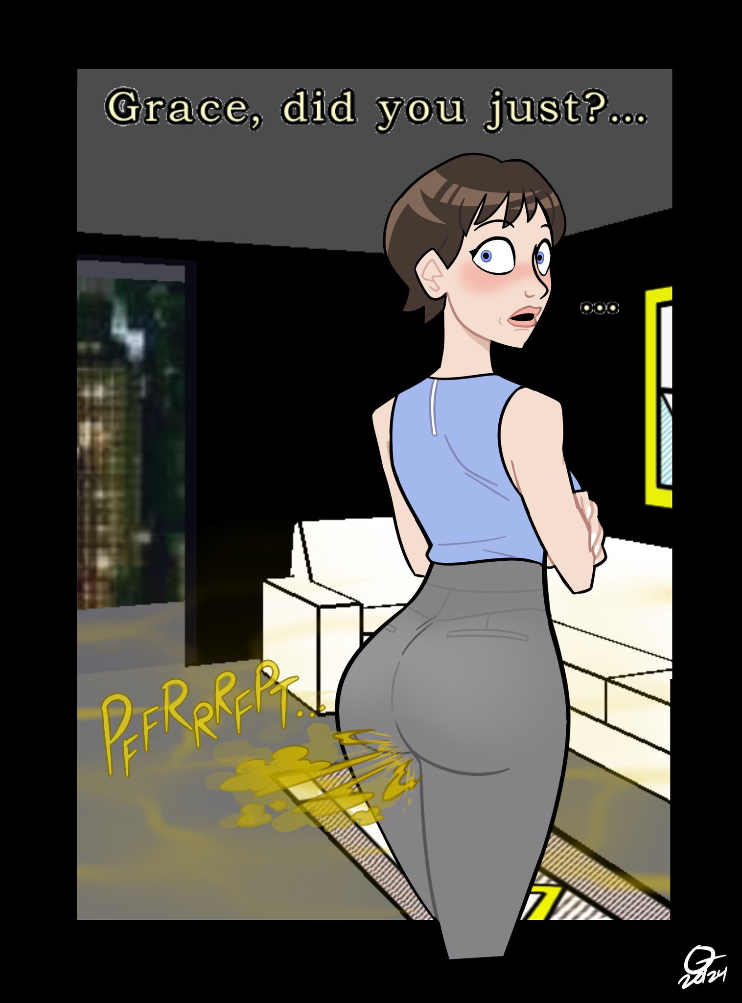 1girls, blush, brown hair, embarrassed, embarrassed female, facade (game), fart, fart cloud, fart fetish, farting, female, female only, grace (facade), oddtenn, short hair