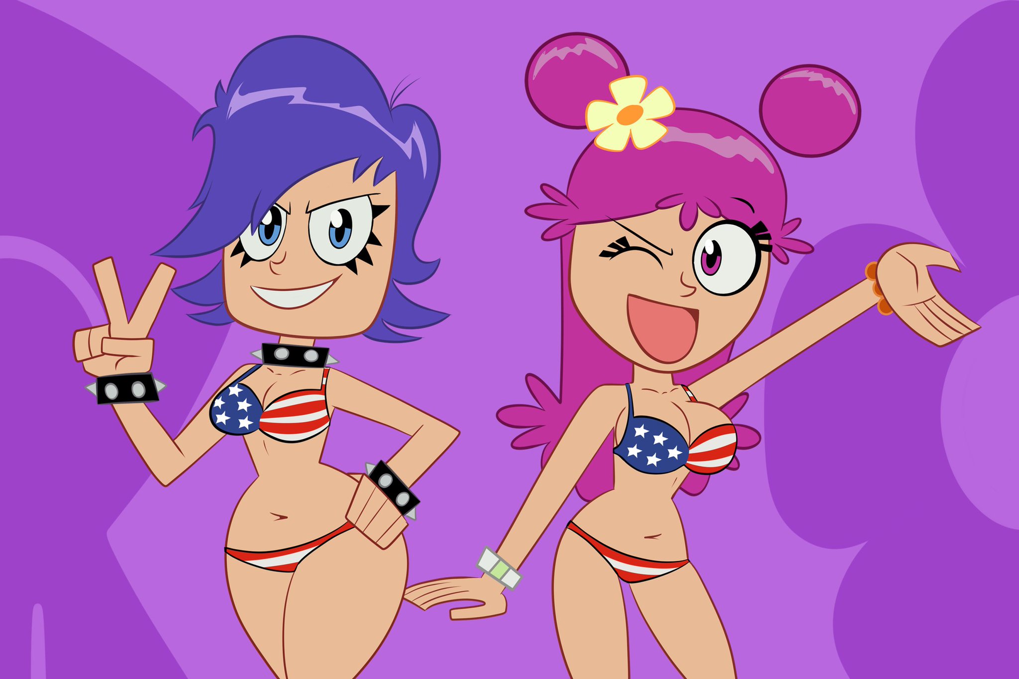 american flag, american flag bikini, ami onuki, big breasts, bikini, blue hair, bracelet, breasts, cartoon network, casual, choker, cleavage, collar, eyeliner, female, hair ornament, hand on hip, hand up, happy, hi hi puffy amiyumi, human, looking at viewer, navel, neckwear, peace sign, pink hair, punk, scobionicle99, smile, spiked bracelet, spiked choker, spiked collar, spikes, swimwear, v, wristwear, yumi yoshimura