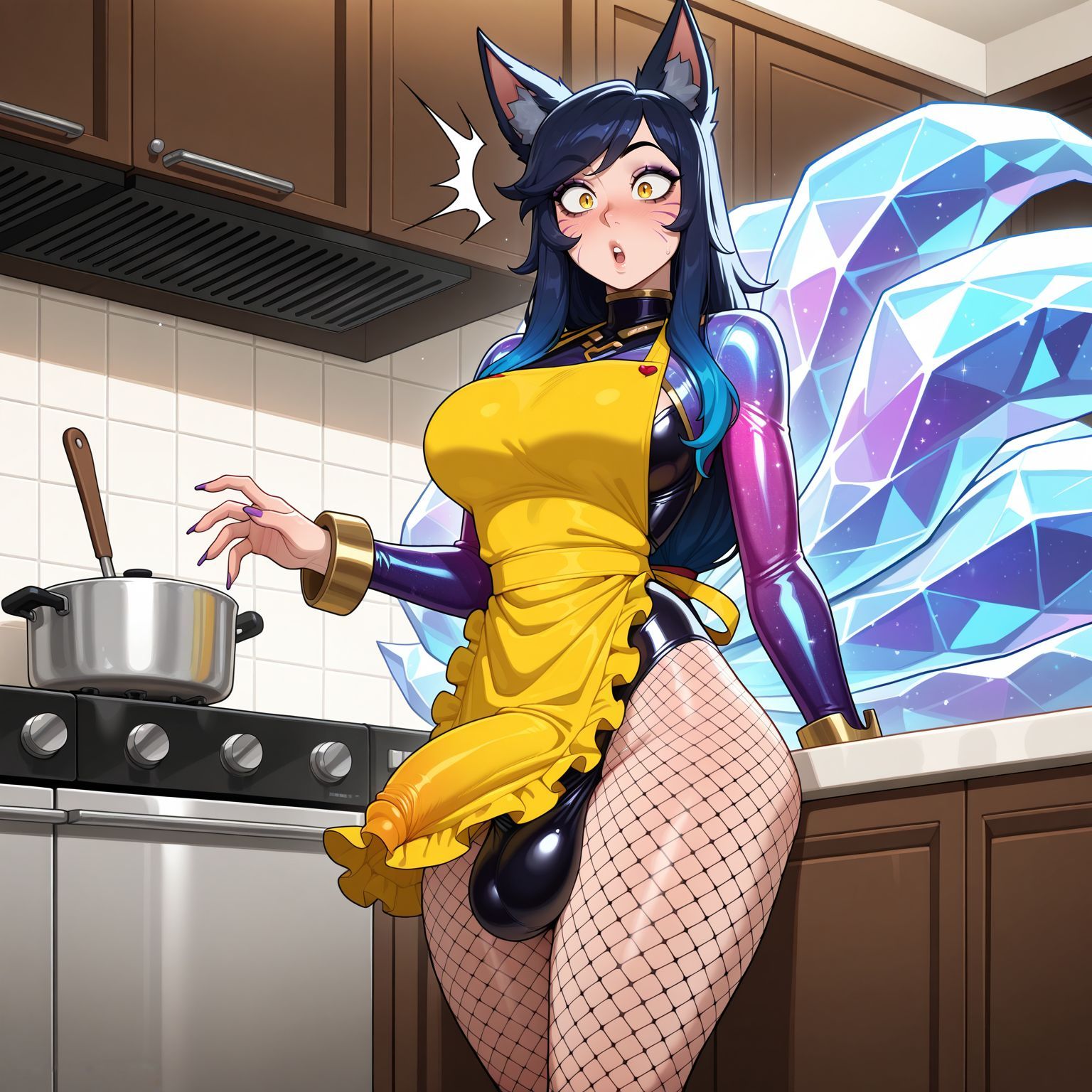 :o, ^^^, ahri, ahri (league of legends), ai generated, animal ear fluff, animal ears, apron, balls, black hair, blue hair, blush, bodysuit, breasts, bulge, clothing, covered balls, covered penis, erection, erection under clothes, facial mark, female, fishnet pantyhose, fishnets, fox ears, fox girl, fox tail, futanari, gradient hair, indoors, intersex, intersex only, k/da (league of legends), kitchen, ladle, large breasts, large penis, latex, league of legends, leotard, long hair, long sleeves, looking at viewer, lunaart, multi tail, multicolored hair, nail polish, open mouth, pantyhose, penis, riot games, shiny clothes, solo, standing, surprised, swept bangs, tail, teeth, testicles, tile wall, upper teeth only, whisker markings, yellow apron, yellow eyes